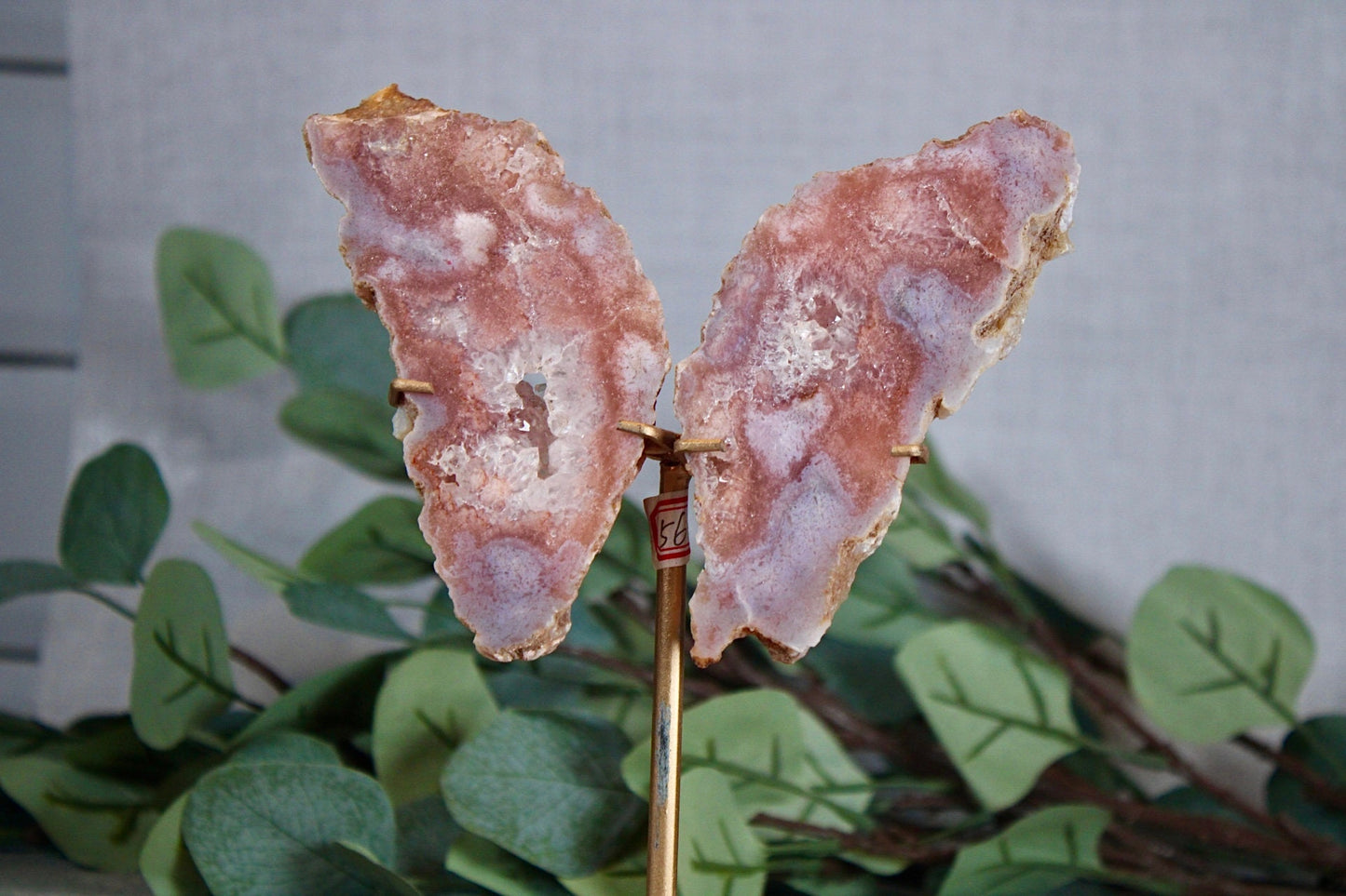 Pink amethyst x flower agate slab butterfly wings on stand