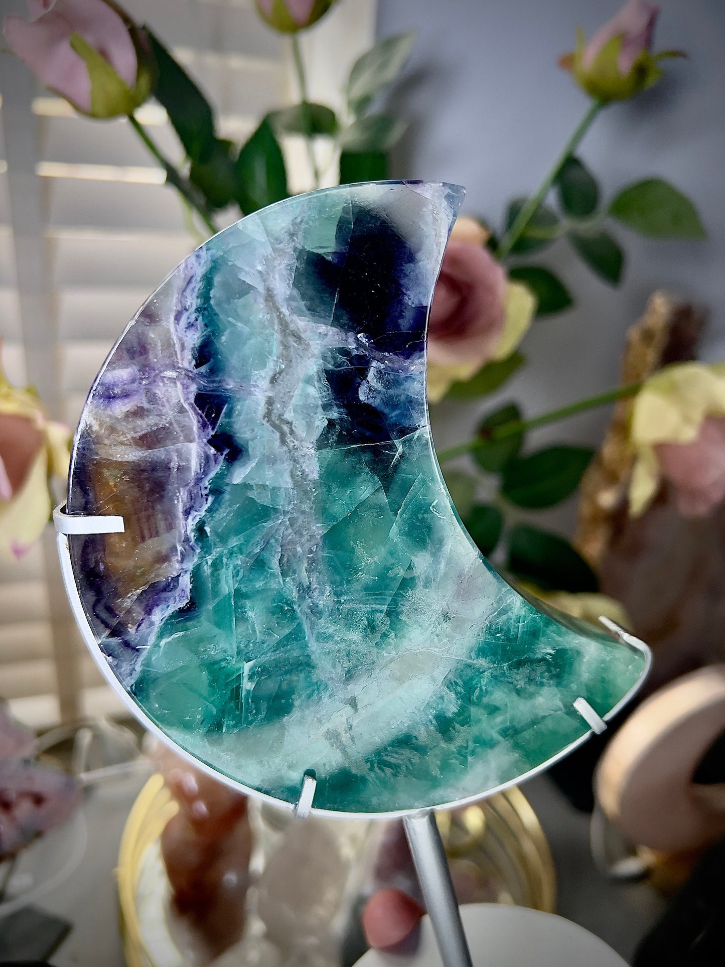 High grade, fluorite moon on silver custom stand