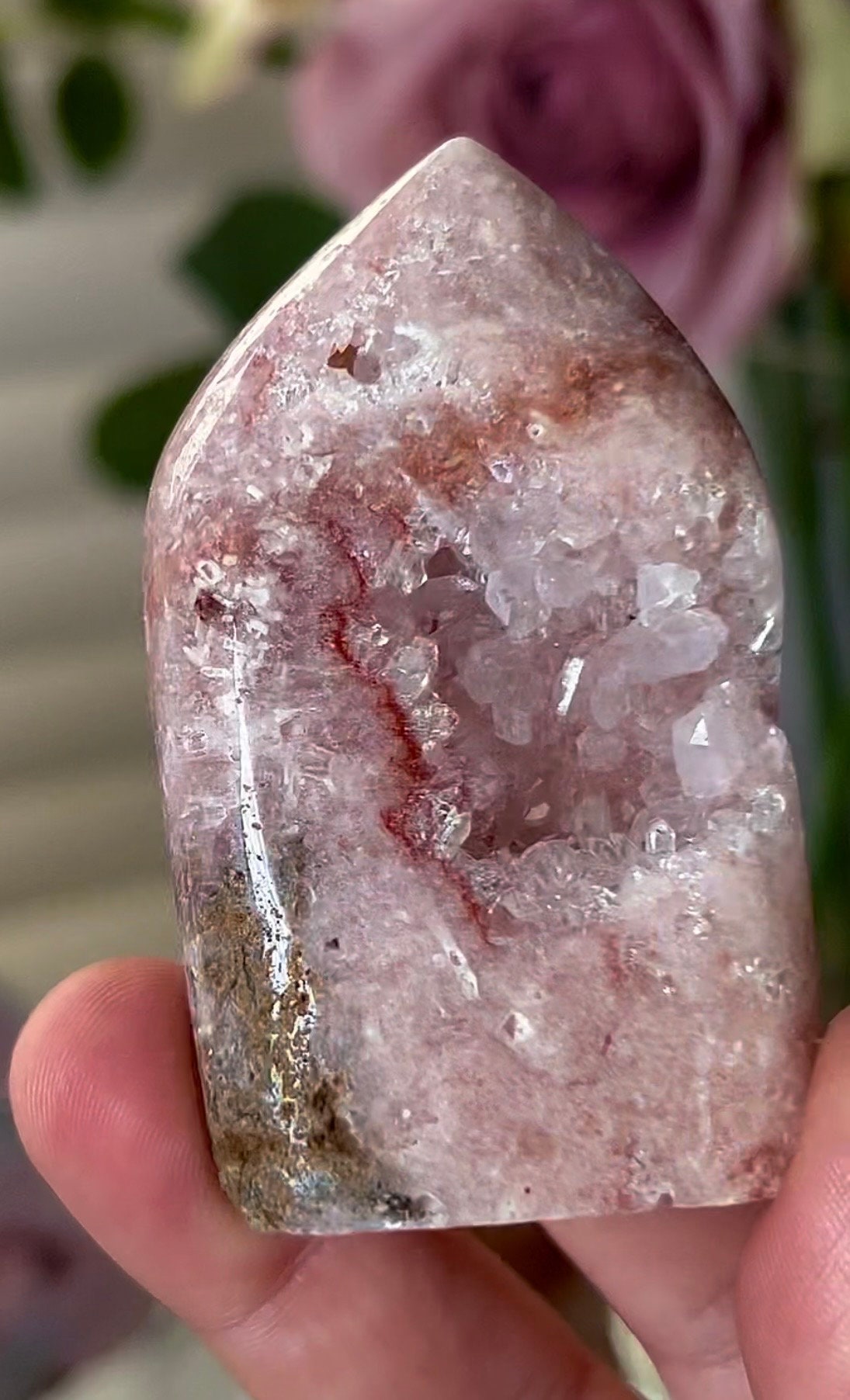 small, pink amethyst, flame with quartz & green jasper