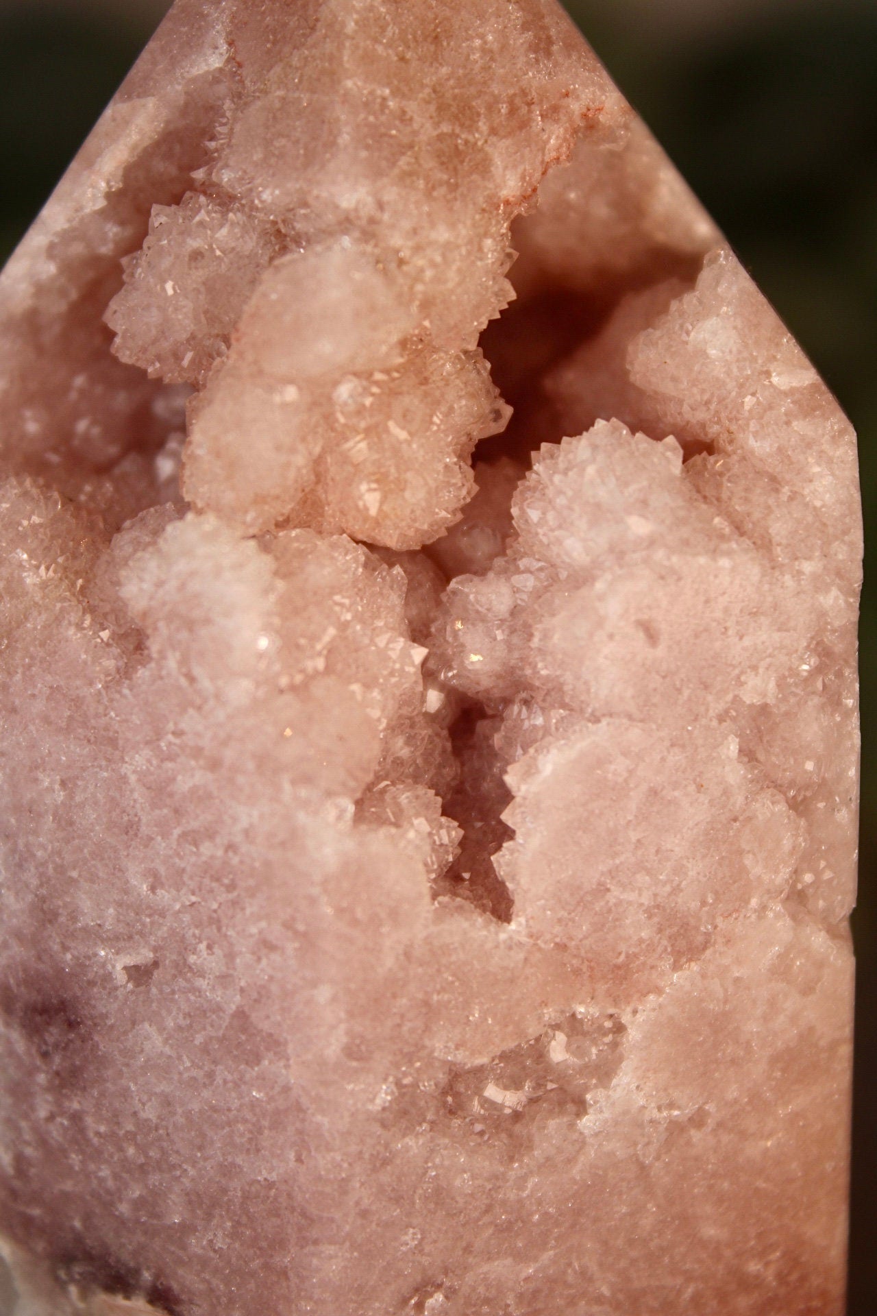 High grade pink amethyst tower with quartz bottom 295g 9.5cm tall