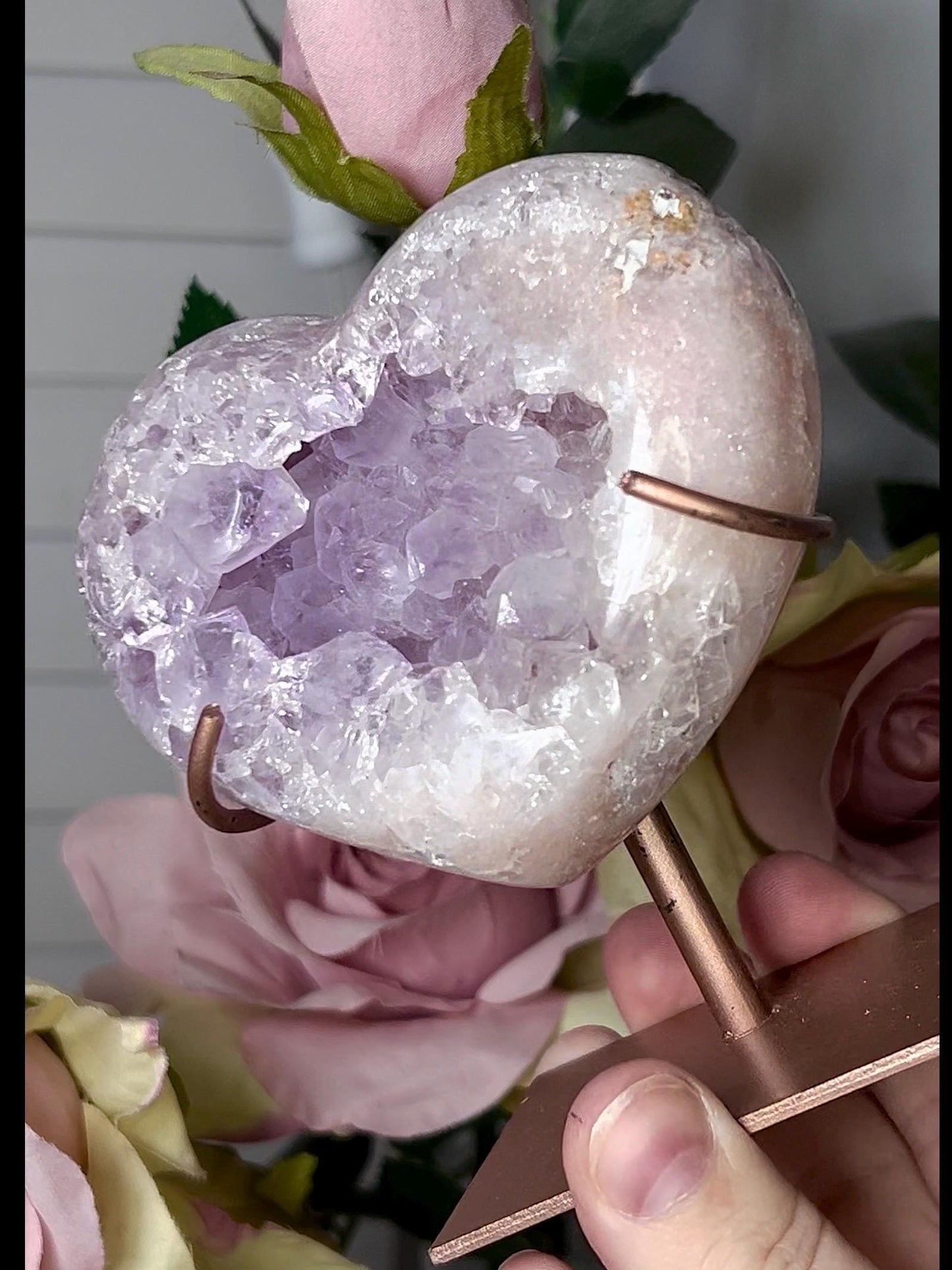 High grade, stunning, pink amethyst heart with purple quartz on stand 384g