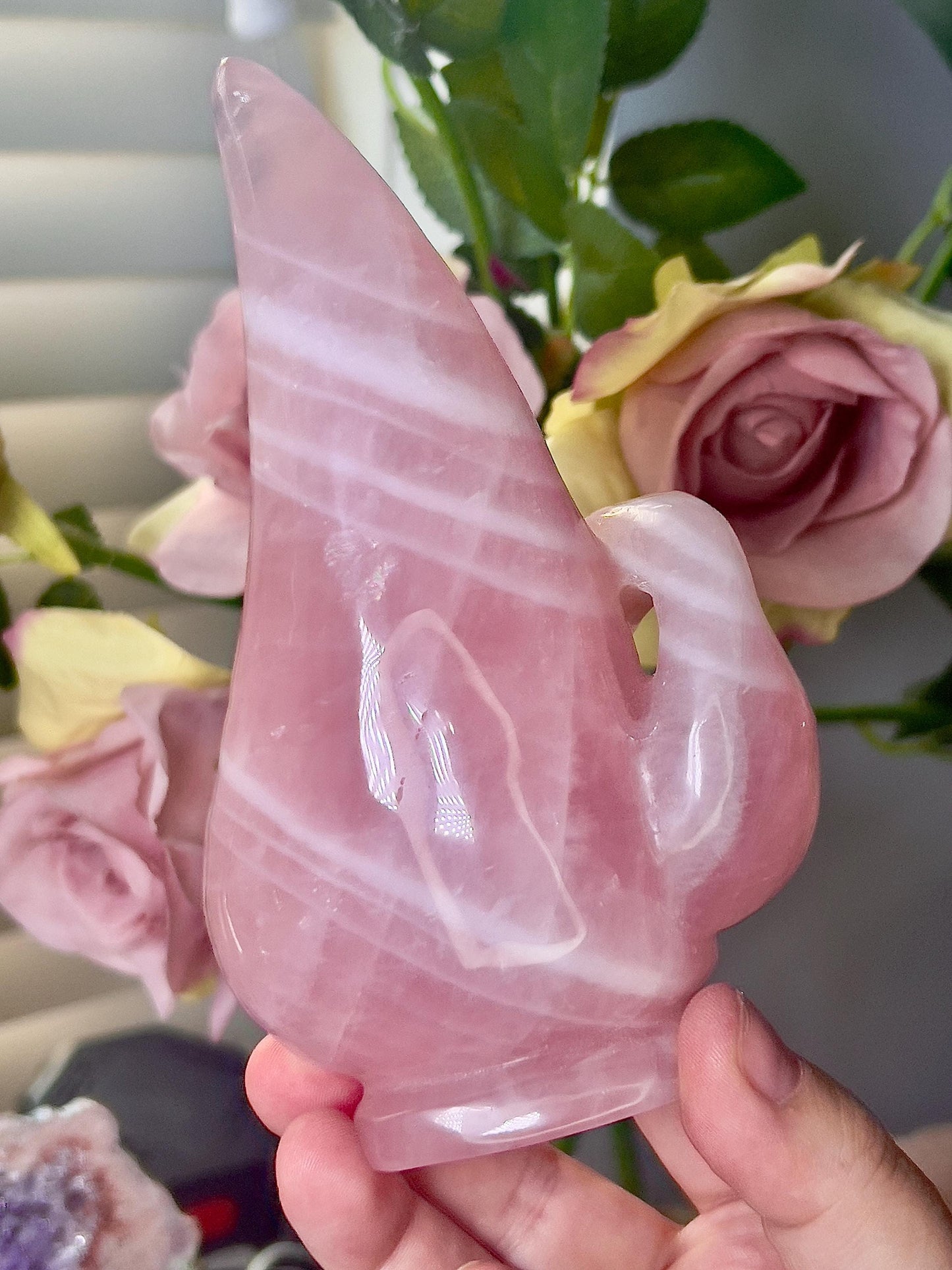High grade, rose quartz swan carving