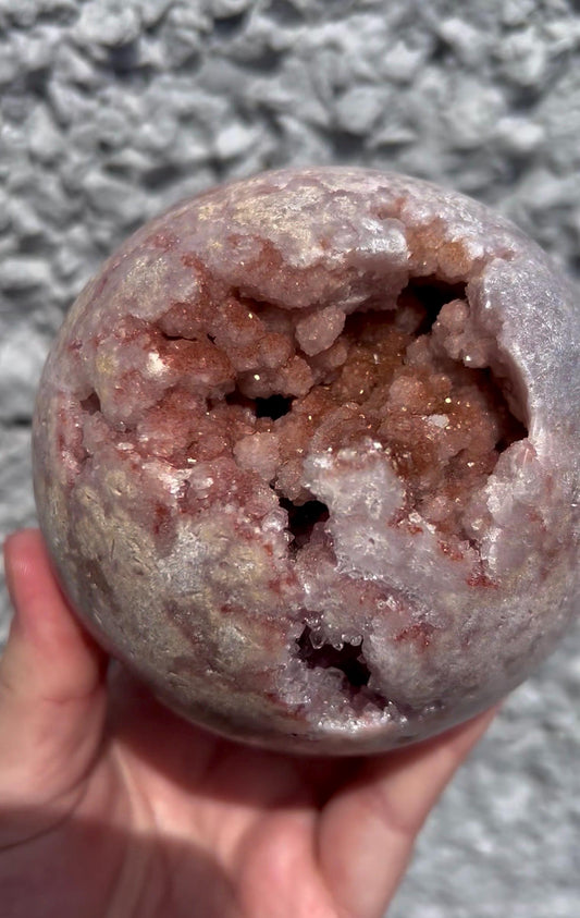 large, statement, pink amethyst sphere with rusty red, bubble sugar druzy 1.205kg