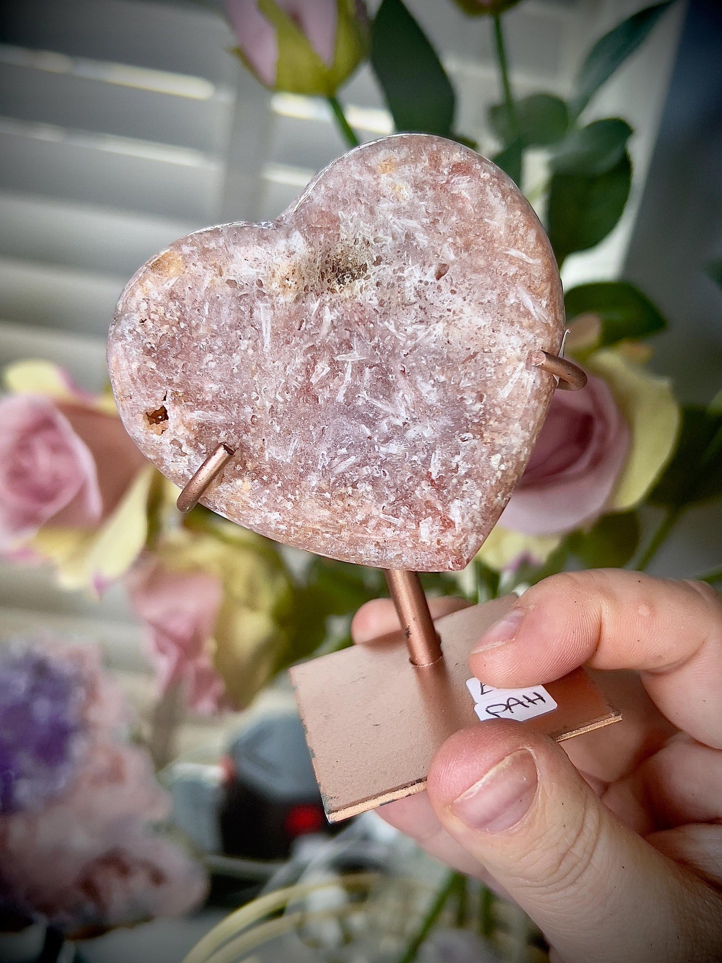 Deep Pink amethyst heart with rutile on stand - it is scratched but can be repainted easily (discount already applied)