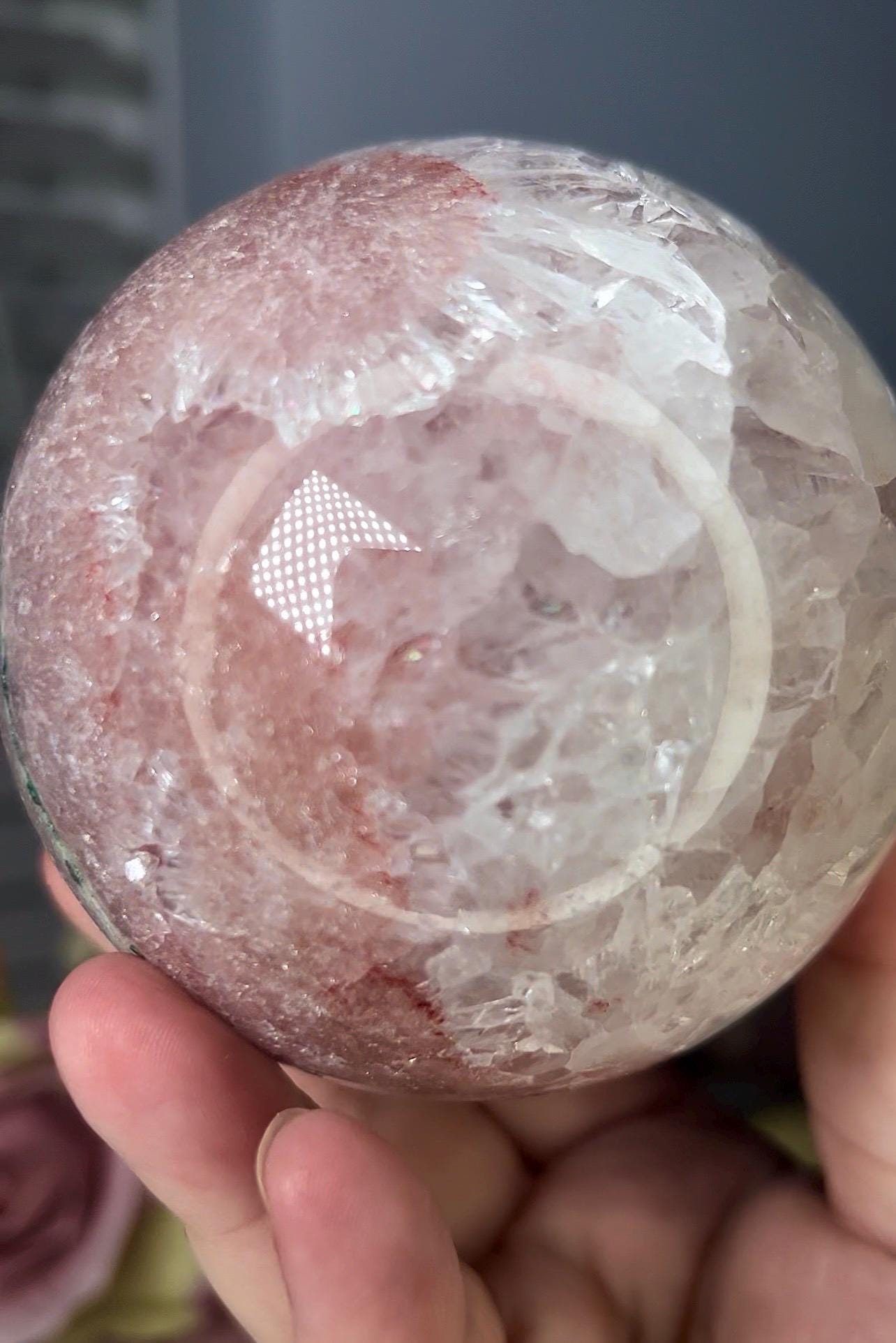 High grade, pink amethyst sphere with quartz and flower formations 928g