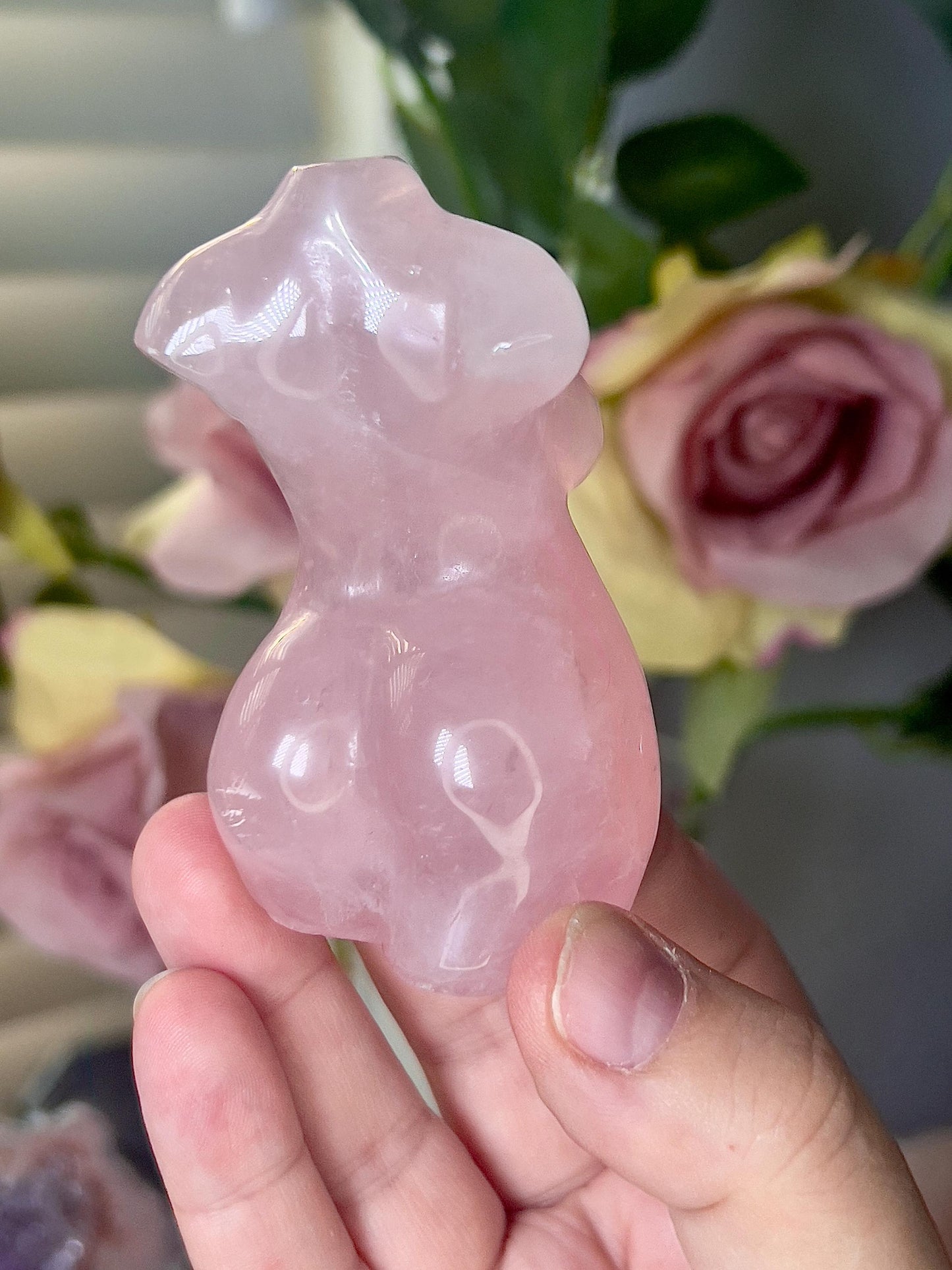 High grade, rose quartz curvy lady with rainbow