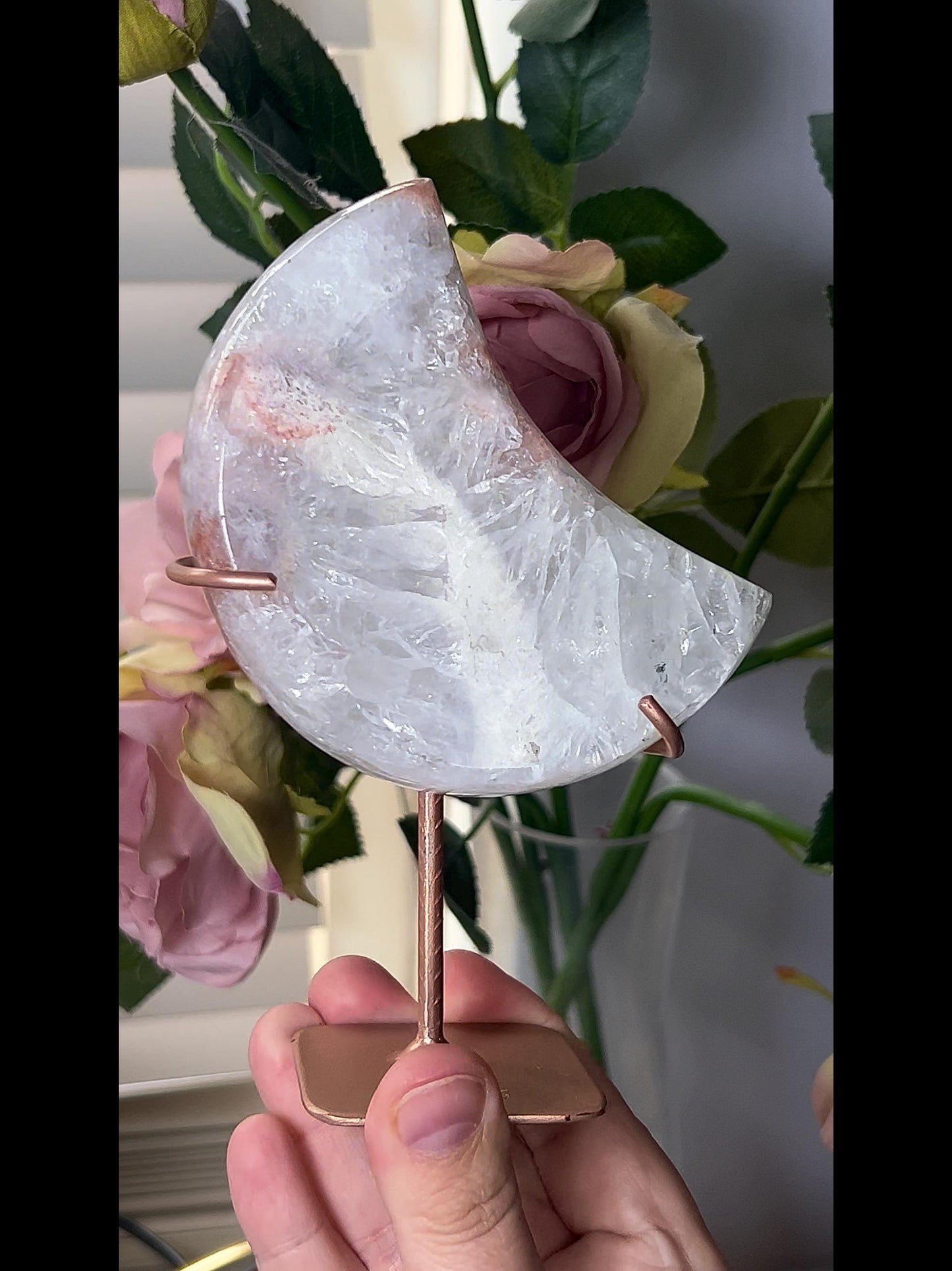 High grade, pink amethyst moon with covered in mostly rainbow quartz 420g