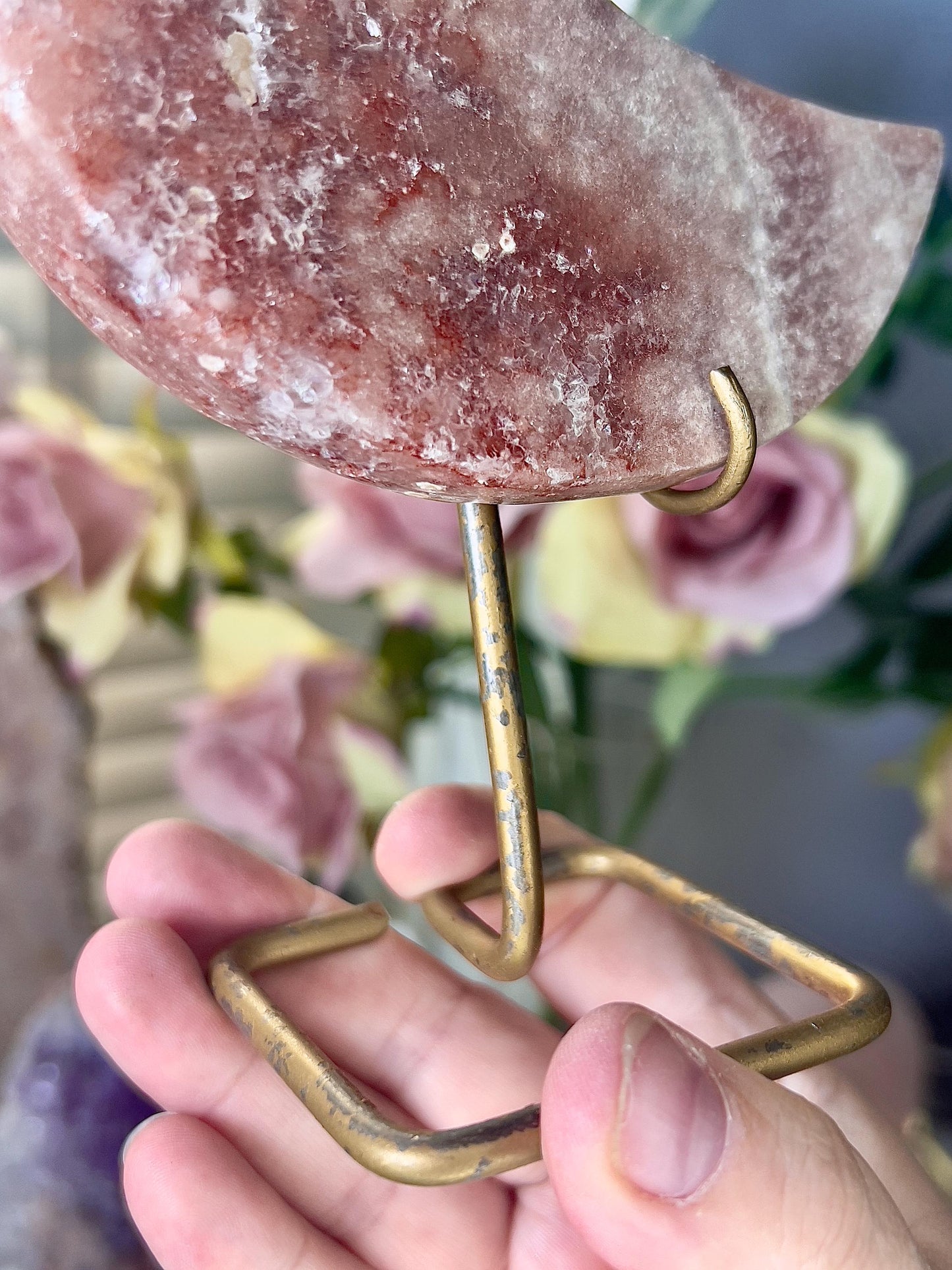High grade, pink amethyst moon with red hematite, quartz druzy - stand is slightly scratched (see photos)