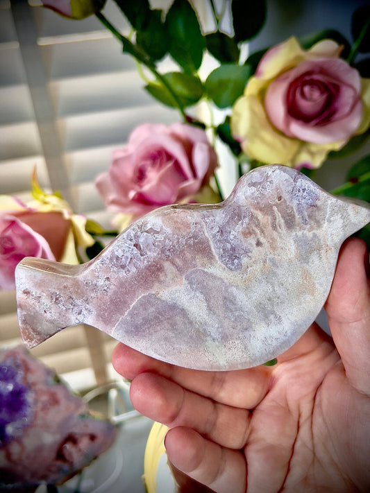 High grade, pink amethyst bird carving