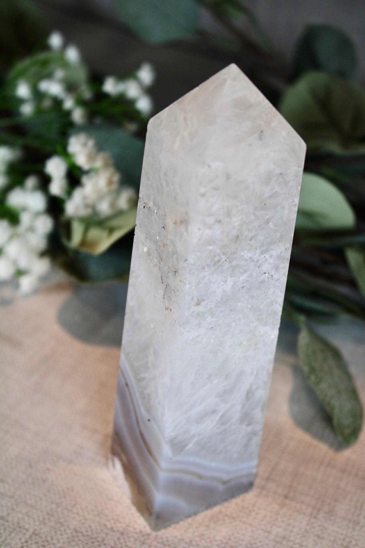 Blue banded agate with quartz tower