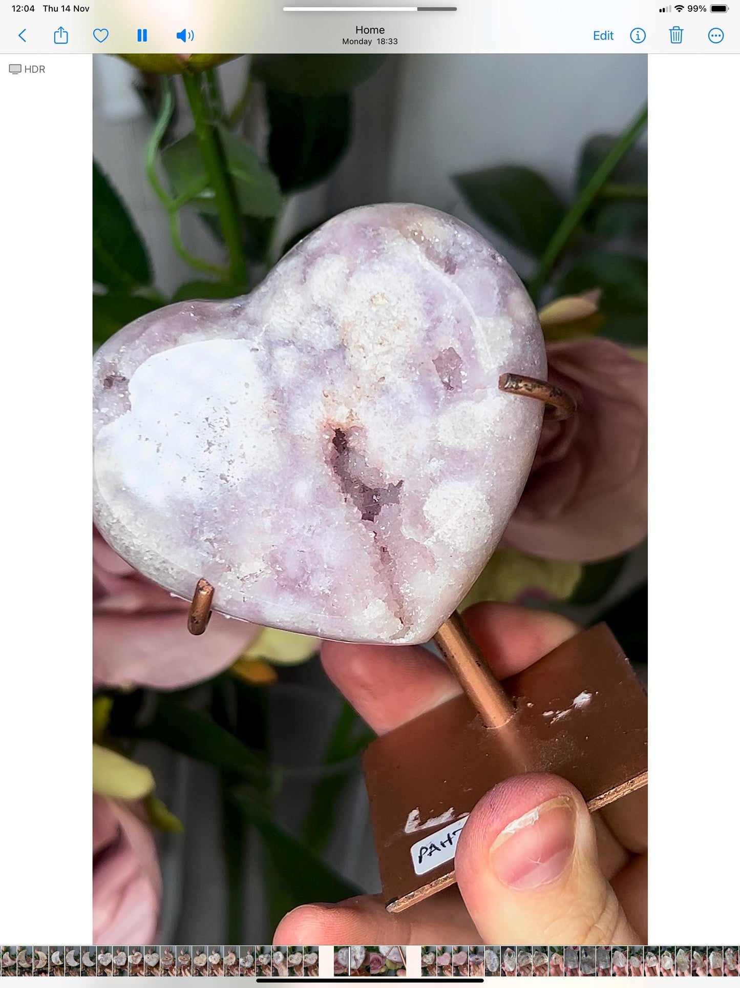 Beautiful, lilac, pink amethyst heart in with sugar druze, on stand which has scratches but can be repainted easily