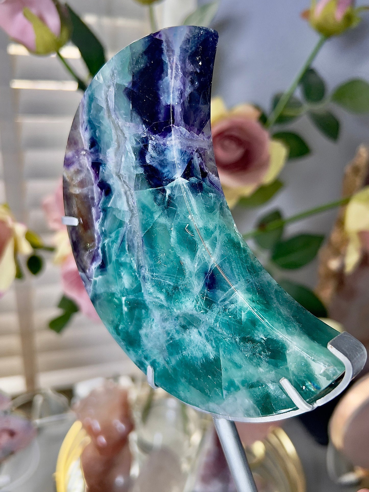 High grade, fluorite moon on silver custom stand