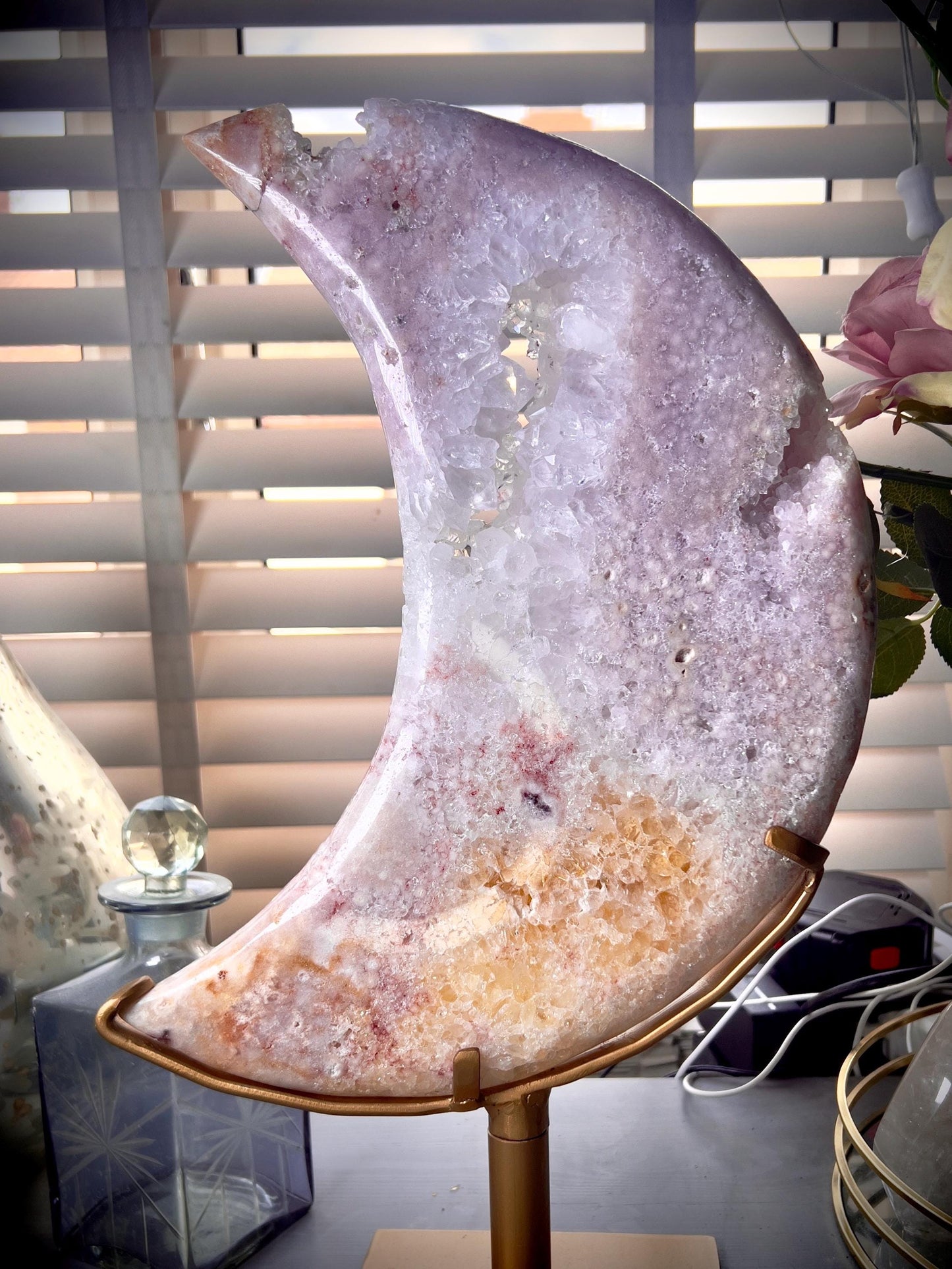 Incredible huge statement, high quality, Pink amethyst, moon with rainbow quartz & citrine inclusion, on spinning stand