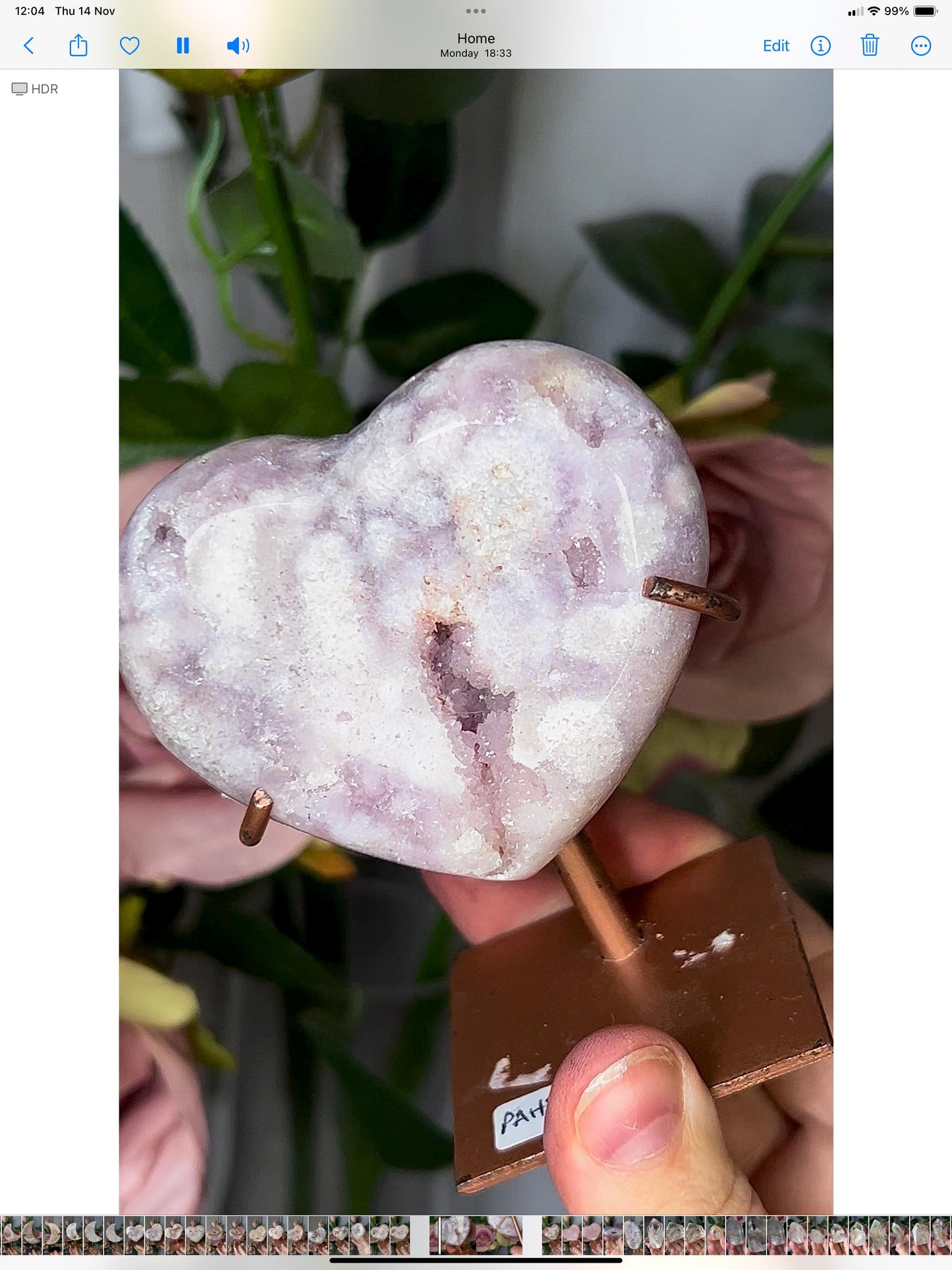 Beautiful, lilac, pink amethyst heart in with sugar druze, on stand which has scratches but can be repainted easily