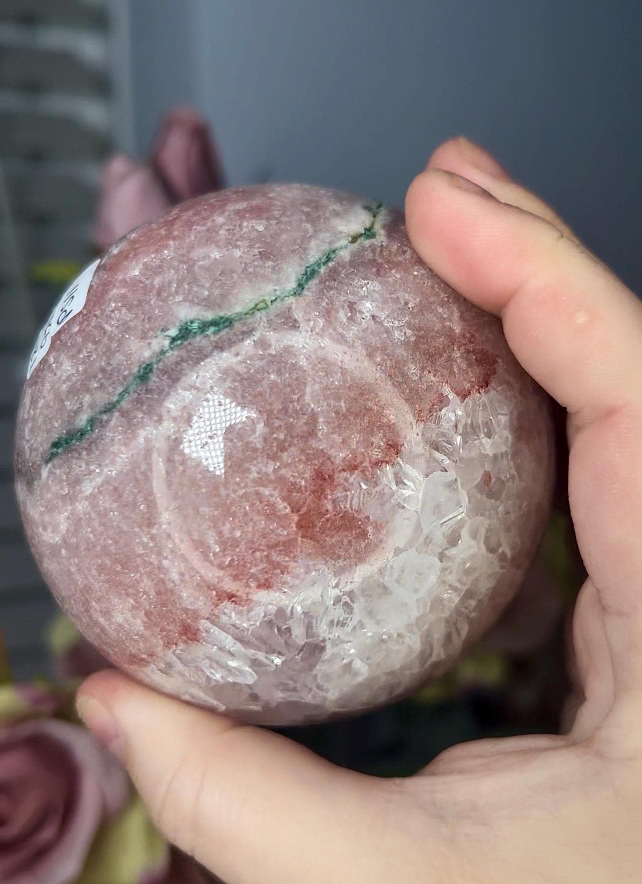 High grade, pink amethyst sphere with quartz and flower formations 928g
