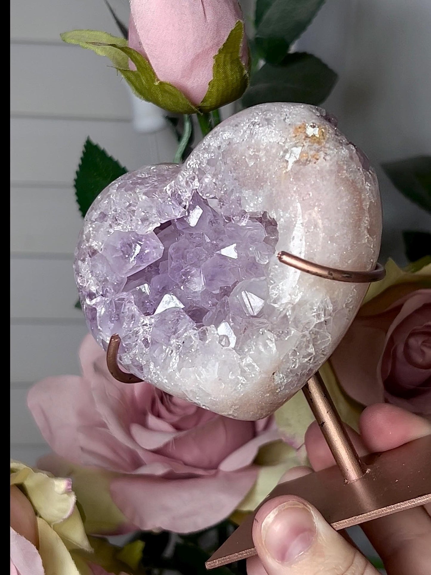 High grade, stunning, pink amethyst heart with purple quartz on stand 384g