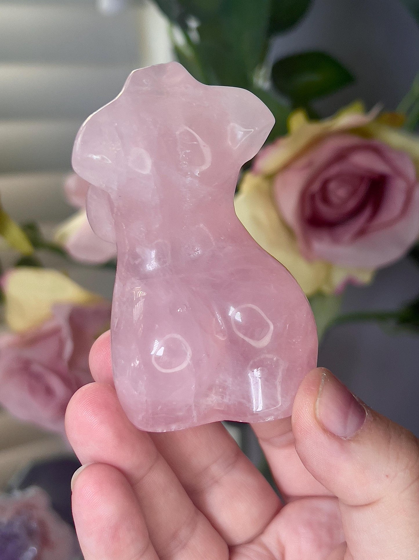 High grade, rose quartz curvy lady with rainbow