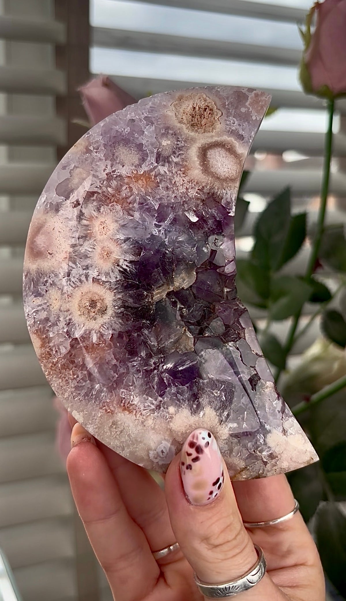 High grade, amethyst Flower agate moon with high clarity quartz