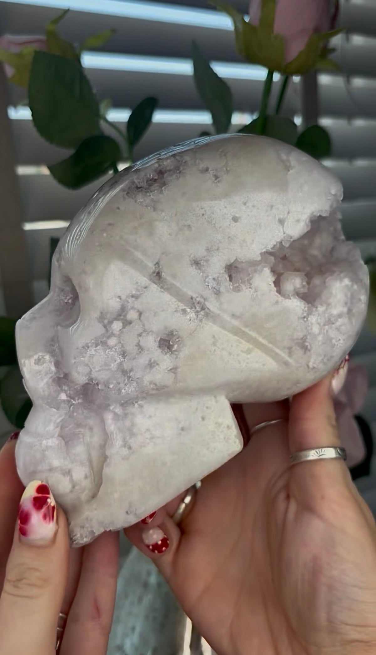 High grade, pink amethyst skull carving with chunky druzy