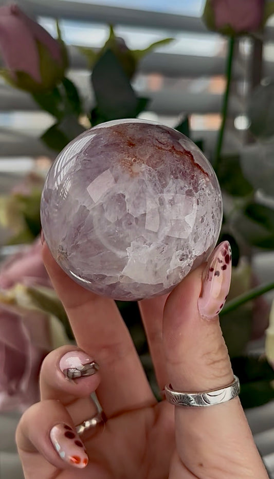 High grade, amethyst Flower agate sphere with high clarity quartz - 5.5cm