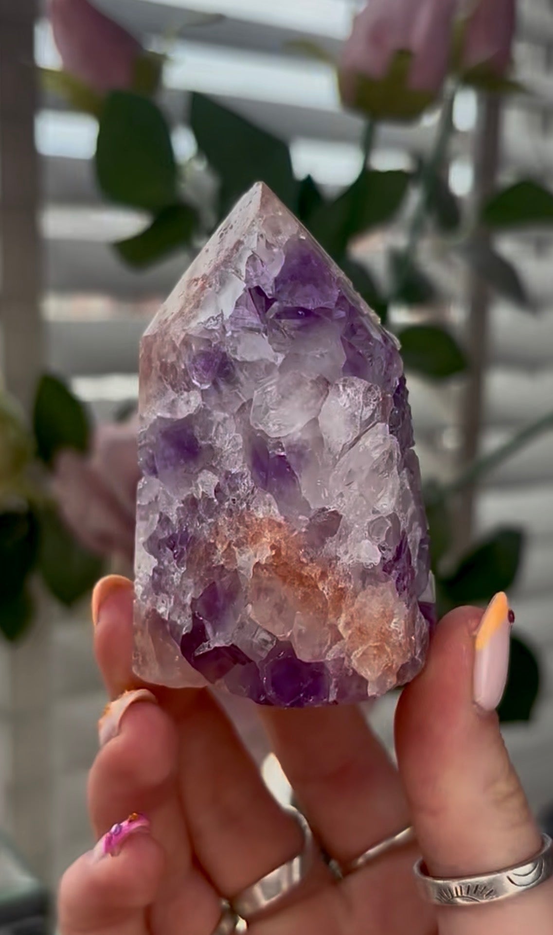 High quality, Pink amethyst tower, with purple quartz druzy