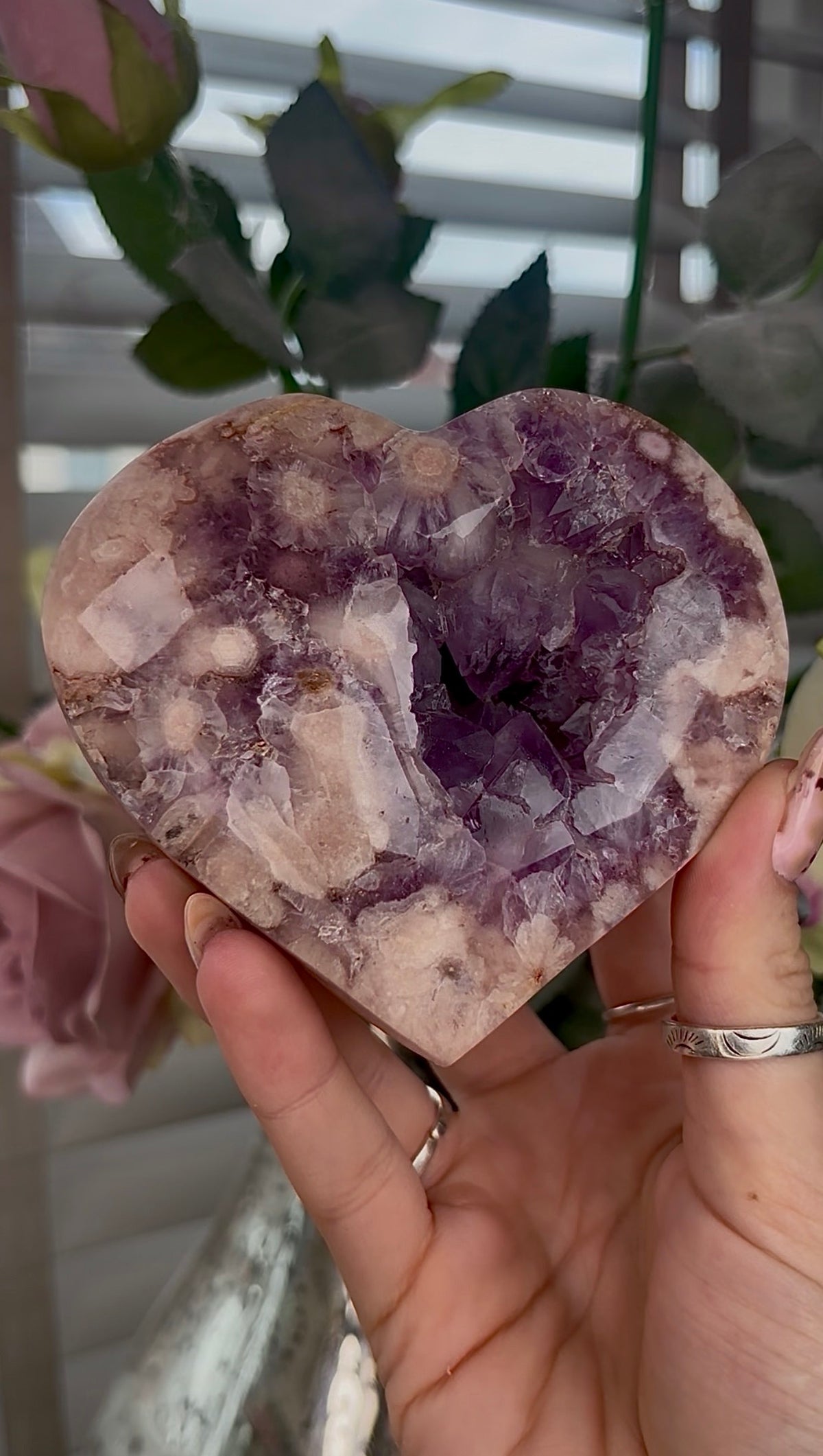 High grade, Amethyst Flower agate heart with stand