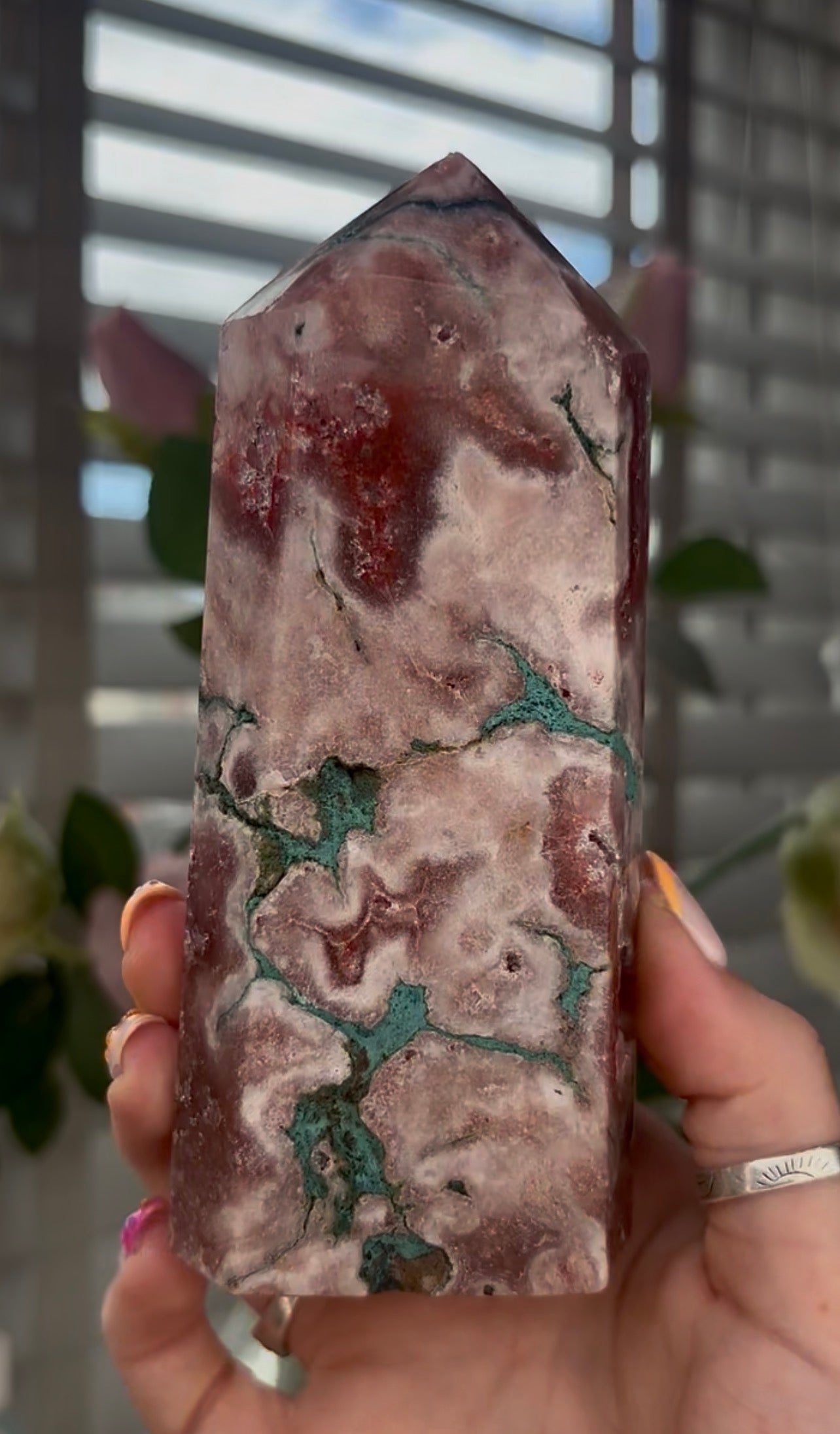 Beautiful, high quality, Pink amethyst tower with Green jasper