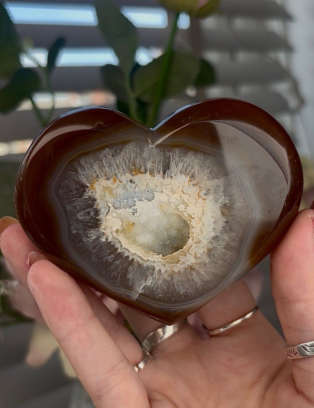 Beautiful, chocolate agate heart with druzy - stand included