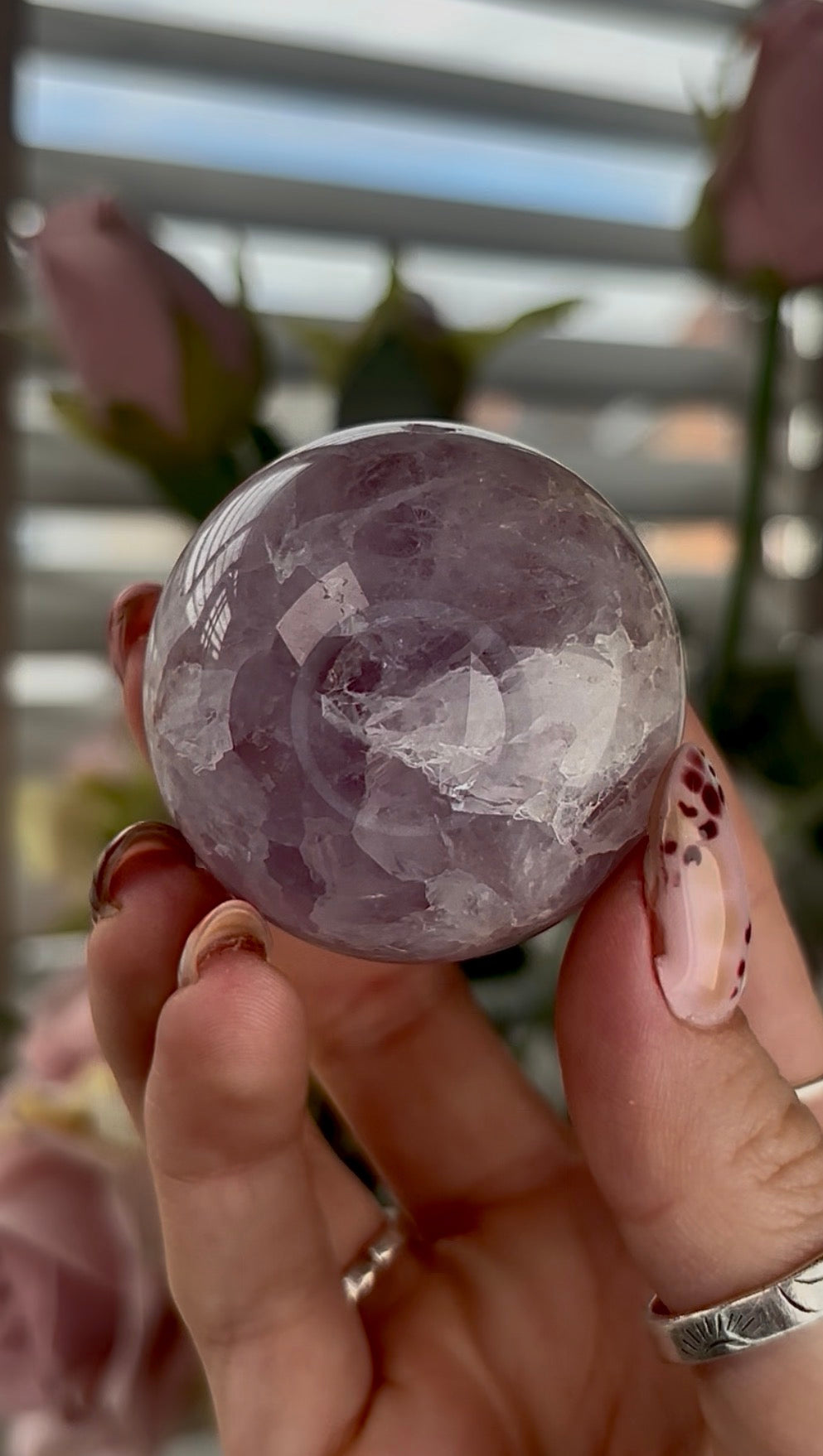 High grade, amethyst Flower agate sphere with high clarity quartz - 4.6cm