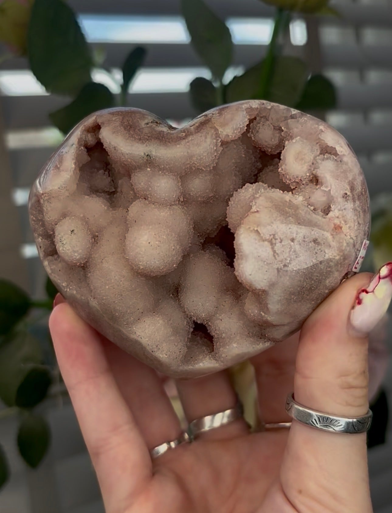 Chunky pink amethyst heart with bubble formations - comes with stand (9.6cm)