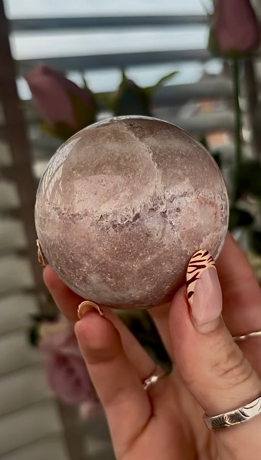 High grade, amethyst Flower agate sphere with druzy quartz- 7.2cm wide