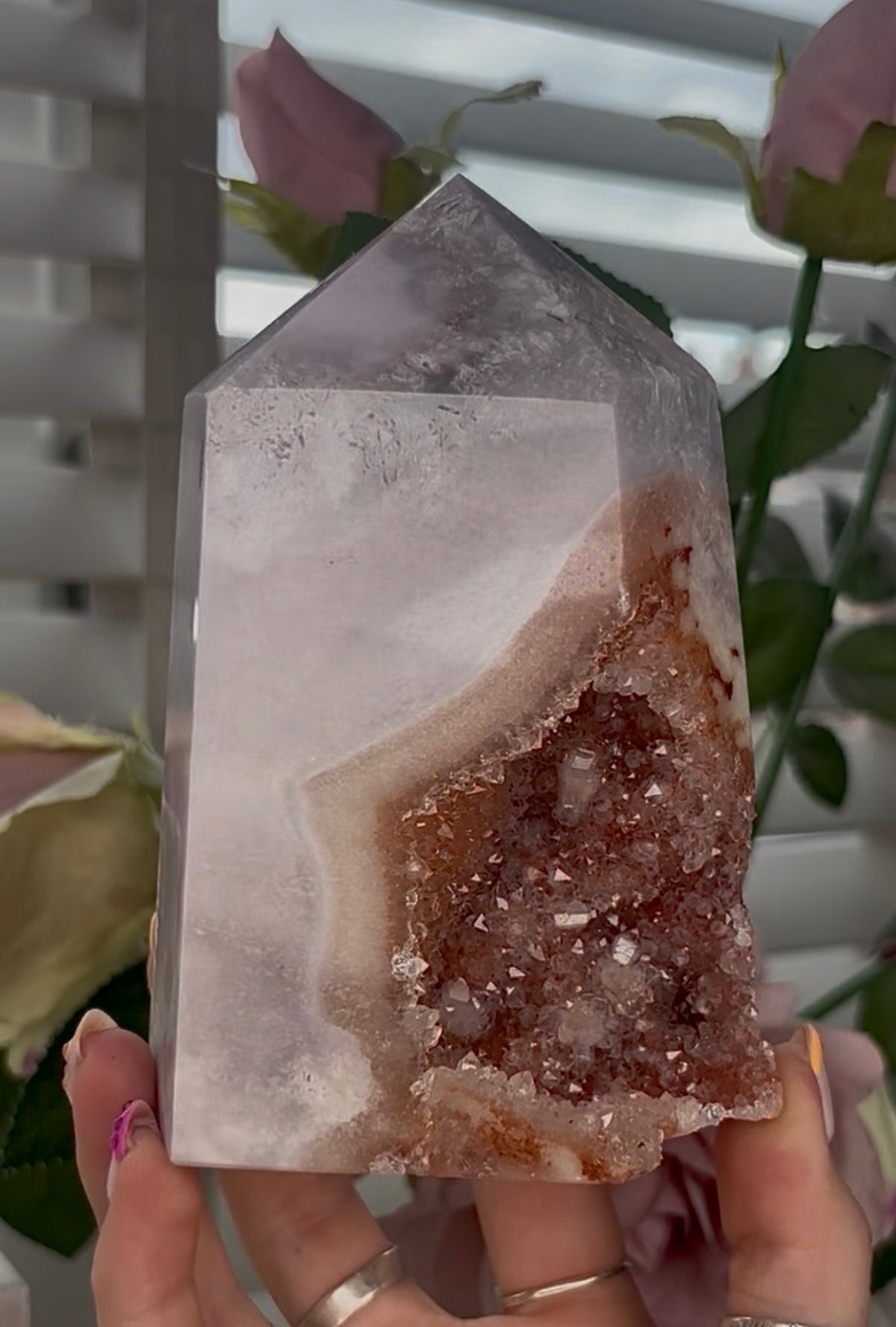 Large, High quality, Pink amethyst tower, with orange druzy
