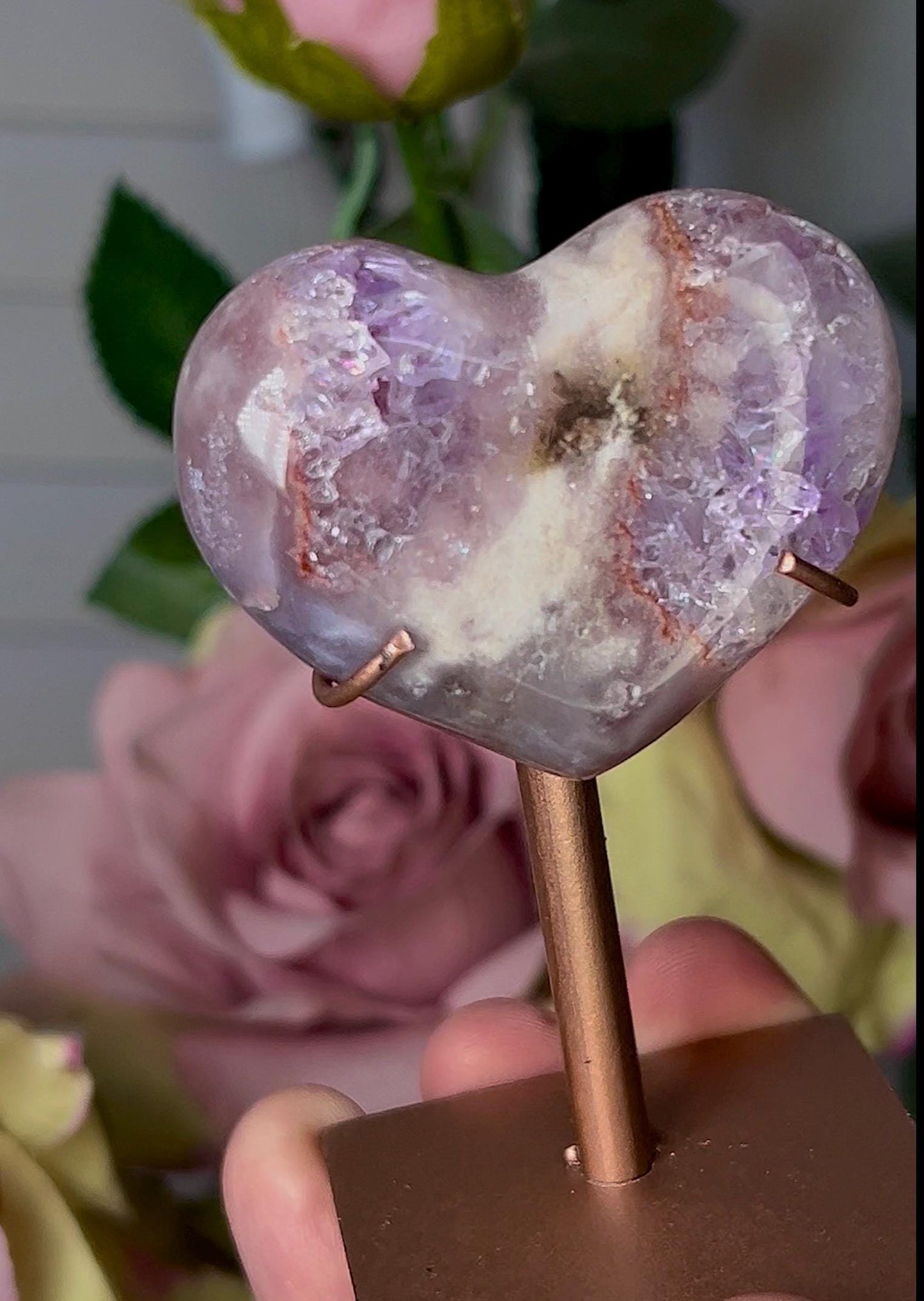 Cute, mini, pink amethyst heart on stand purple quartz & red hematite lining 74g with stand