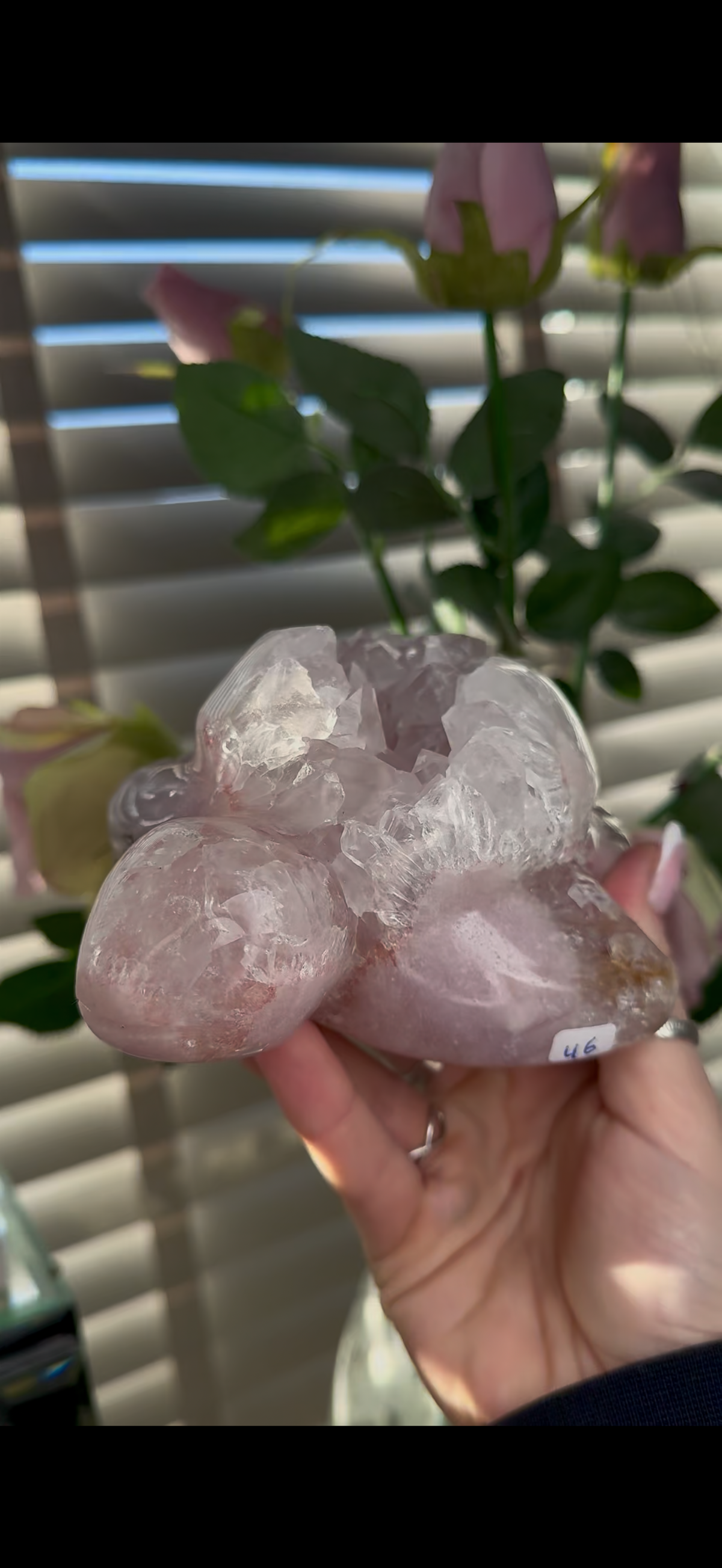 High grade, pink amethyst with chunky quartz sea turtle carving