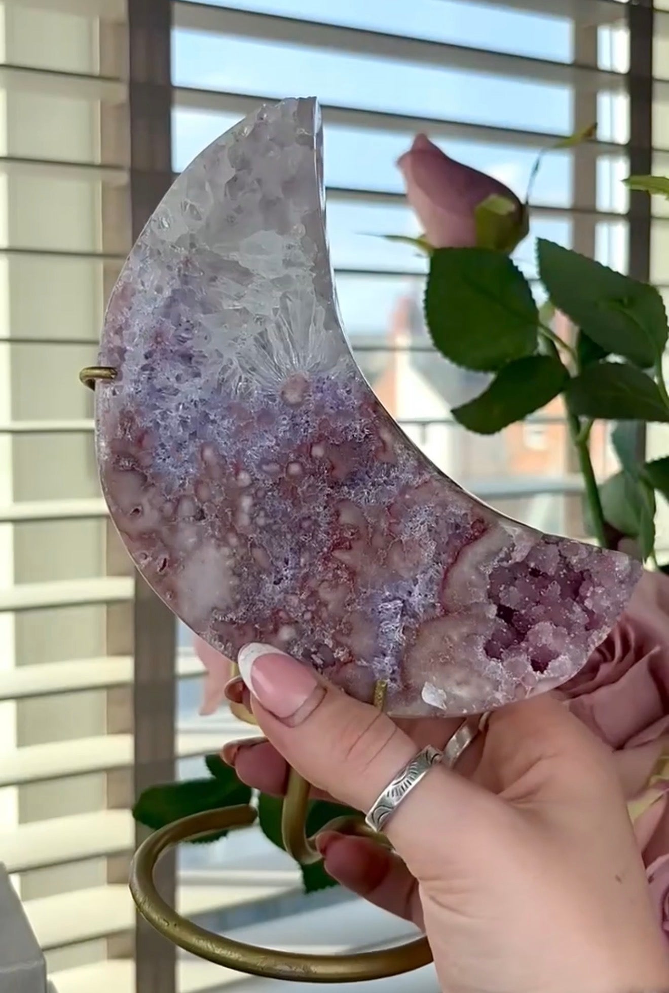 High grade, pink amethyst moon with quartz - comes with stand