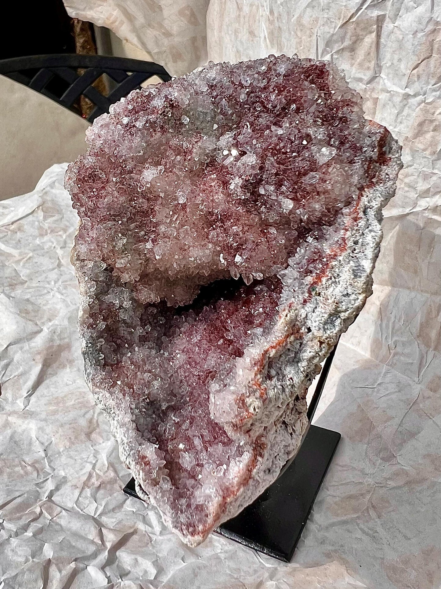 high grade, pink amethyst geode with red and pink toned sugar druzy stand