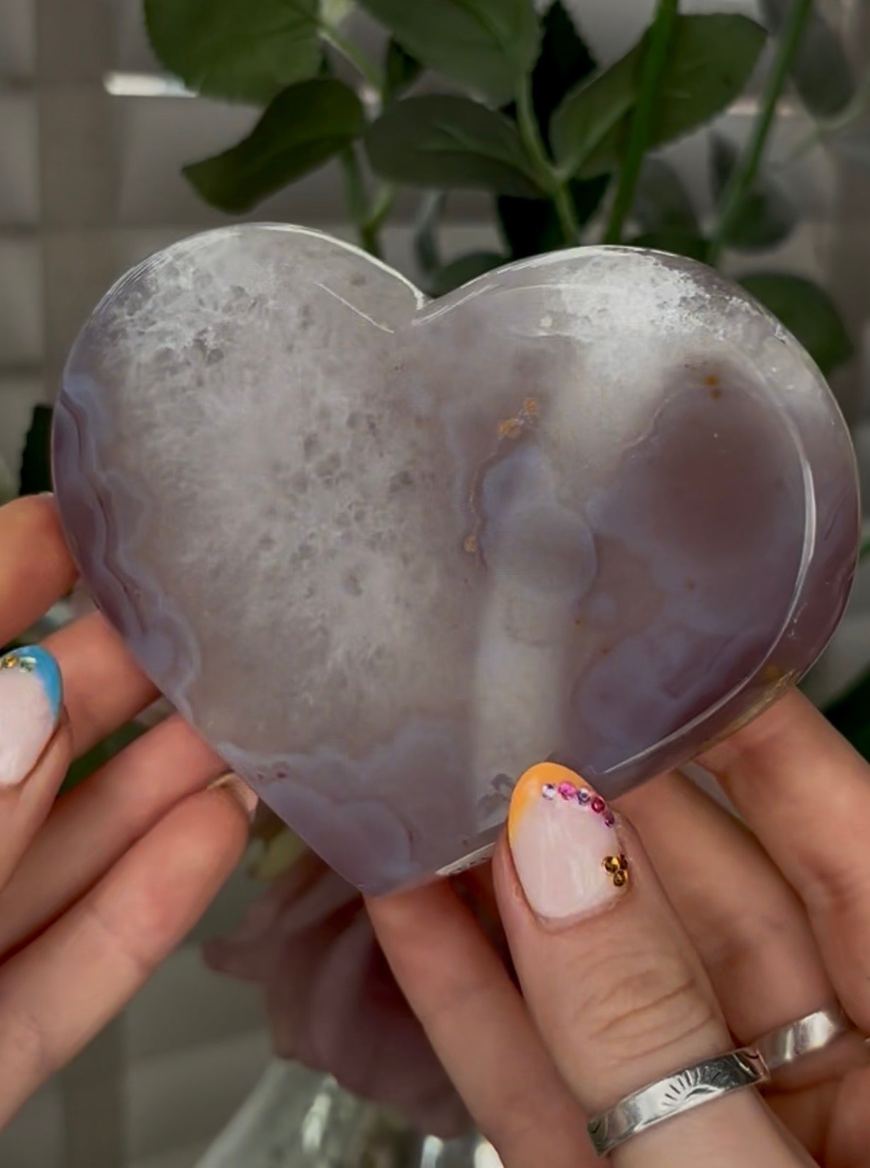 Beautiful, high grade, agate heart with druzy - comes with stand