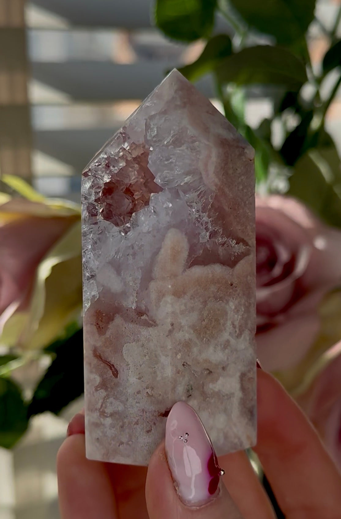 Pink amethyst tower with quartz 9.5cm(h) 4.5cm(w)