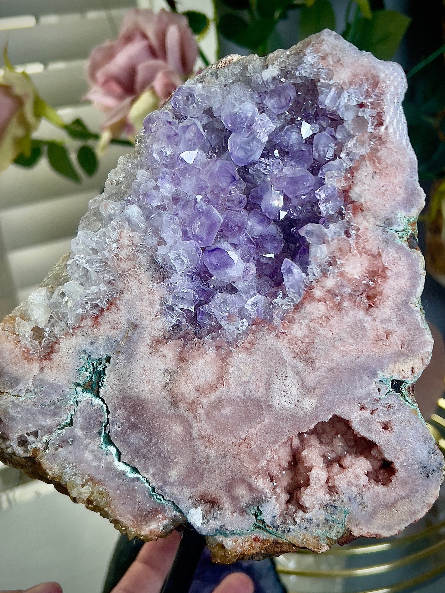 Extra high grade, pink amethyst slab on stand with purple quartz