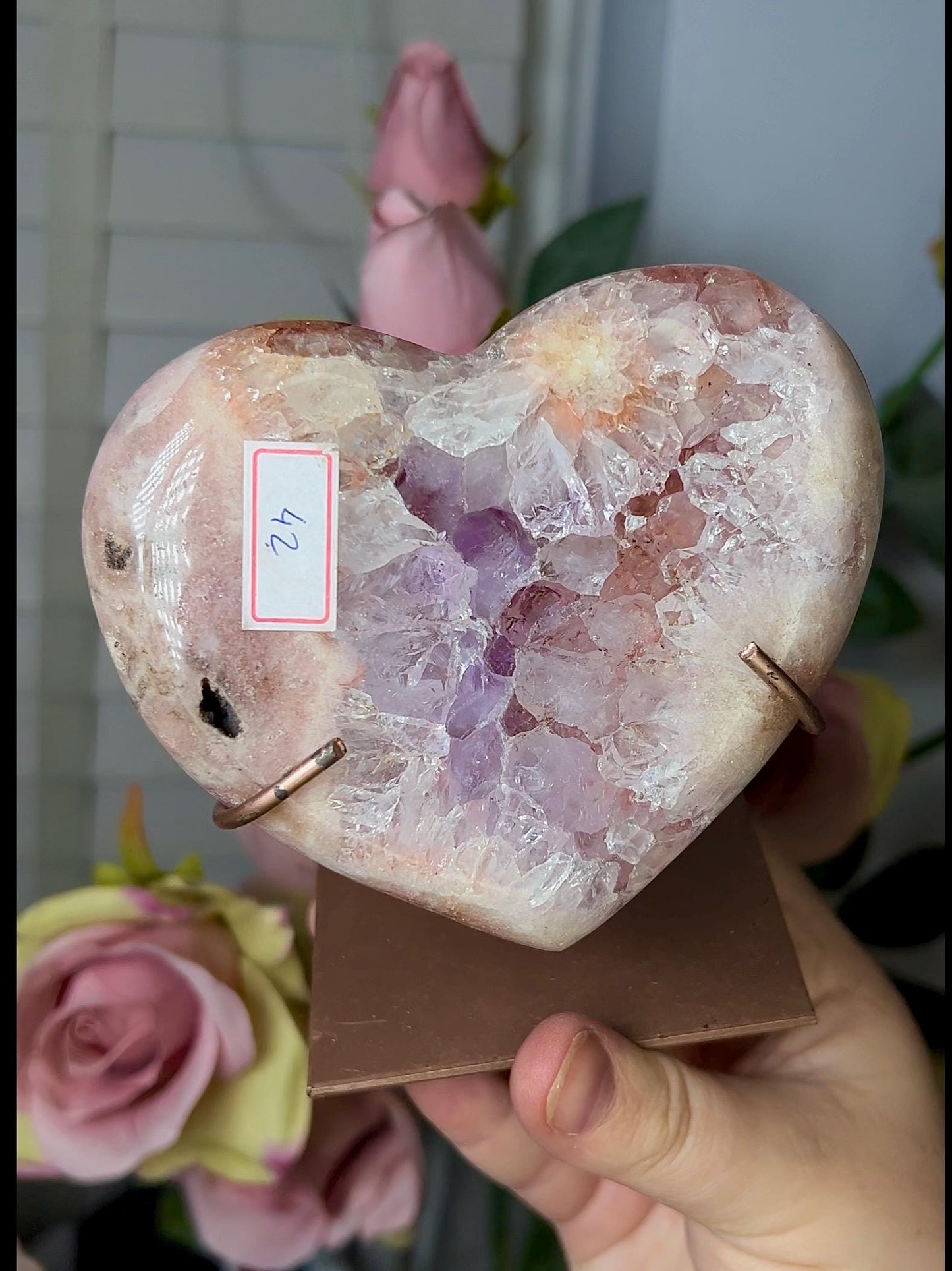 High grade, pink amethyst heart with a Beautiful flower, purple quartz & hematite lining 510g with stand