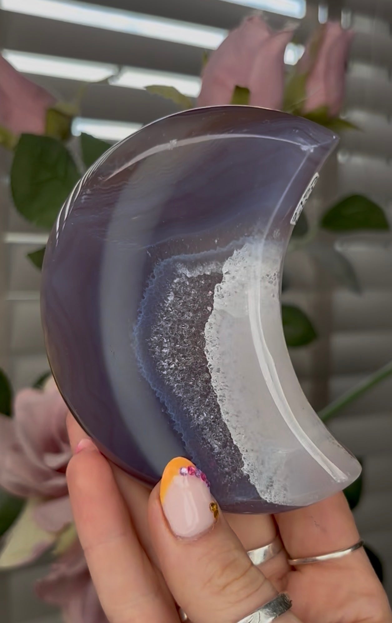 Beautiful, agate moon with druzy - comes with stand