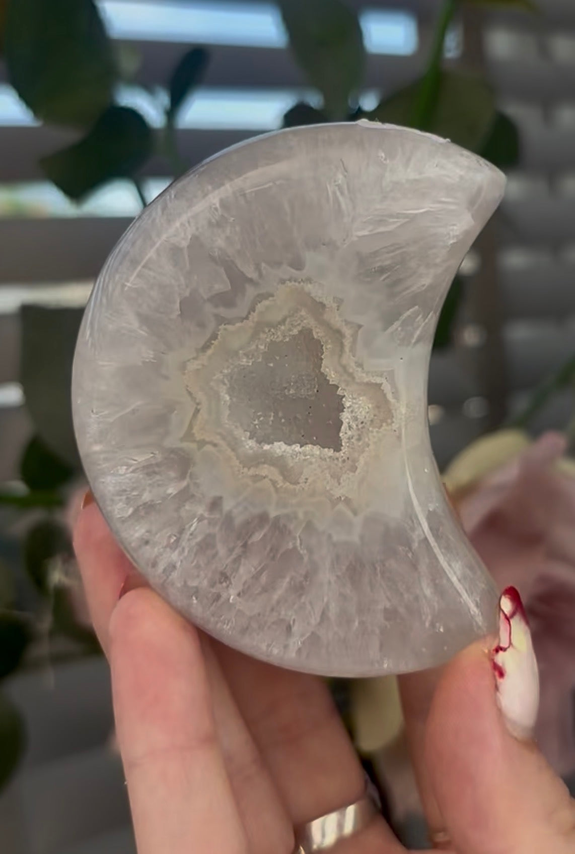 Beautiful, high quality, agate moon with druzy - stand included