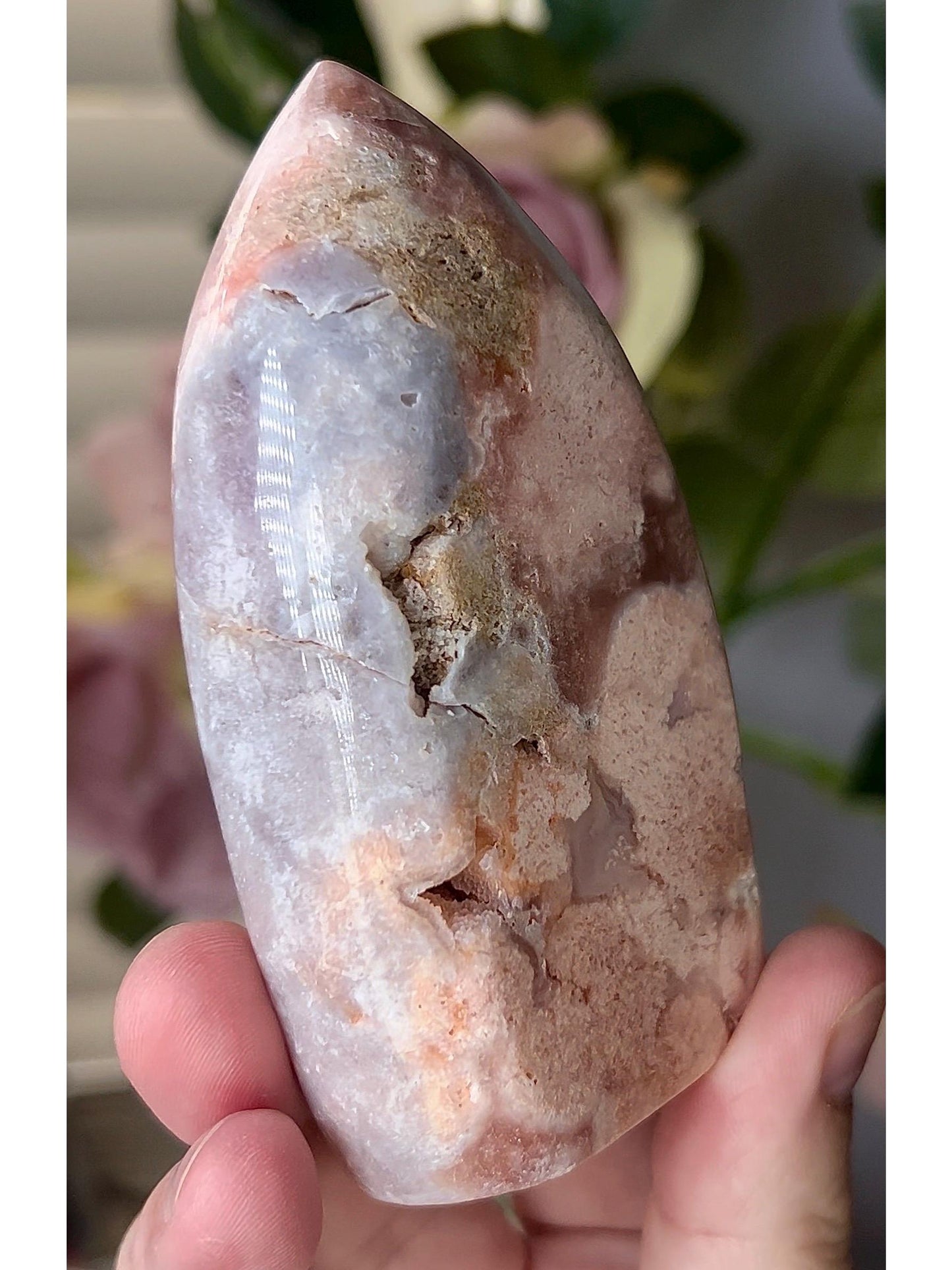 High grade, amazing peach and blue toned pink amethyst flame