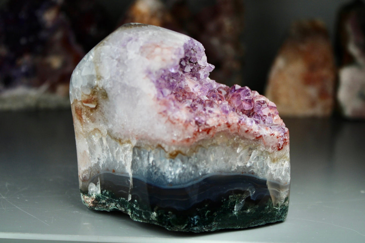 Incredible, berry, pink amethyst, agate, freeform withy quartz that is full of rainbows and moss agate, green jasper