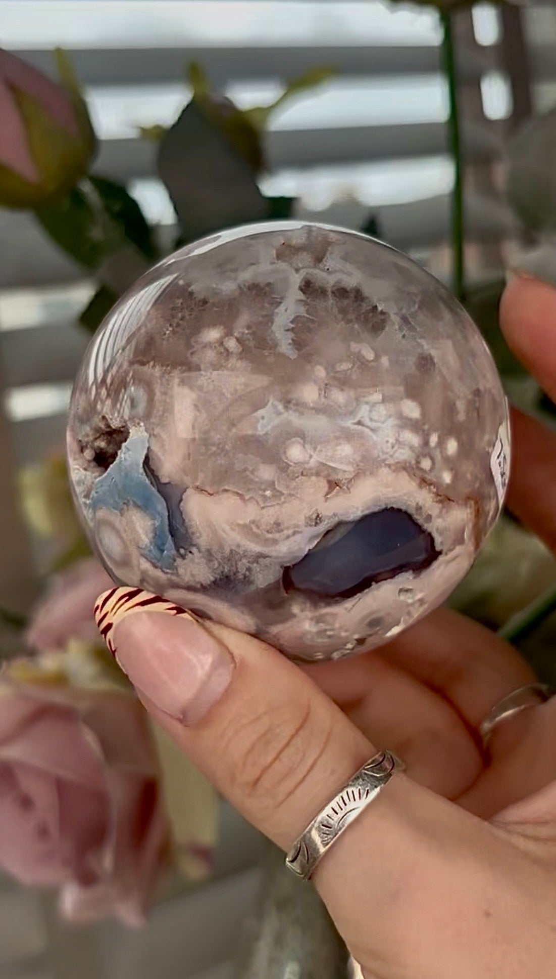 Stunning!! Super high quality, Druzy, green chlorite x blue flower agate sphere
