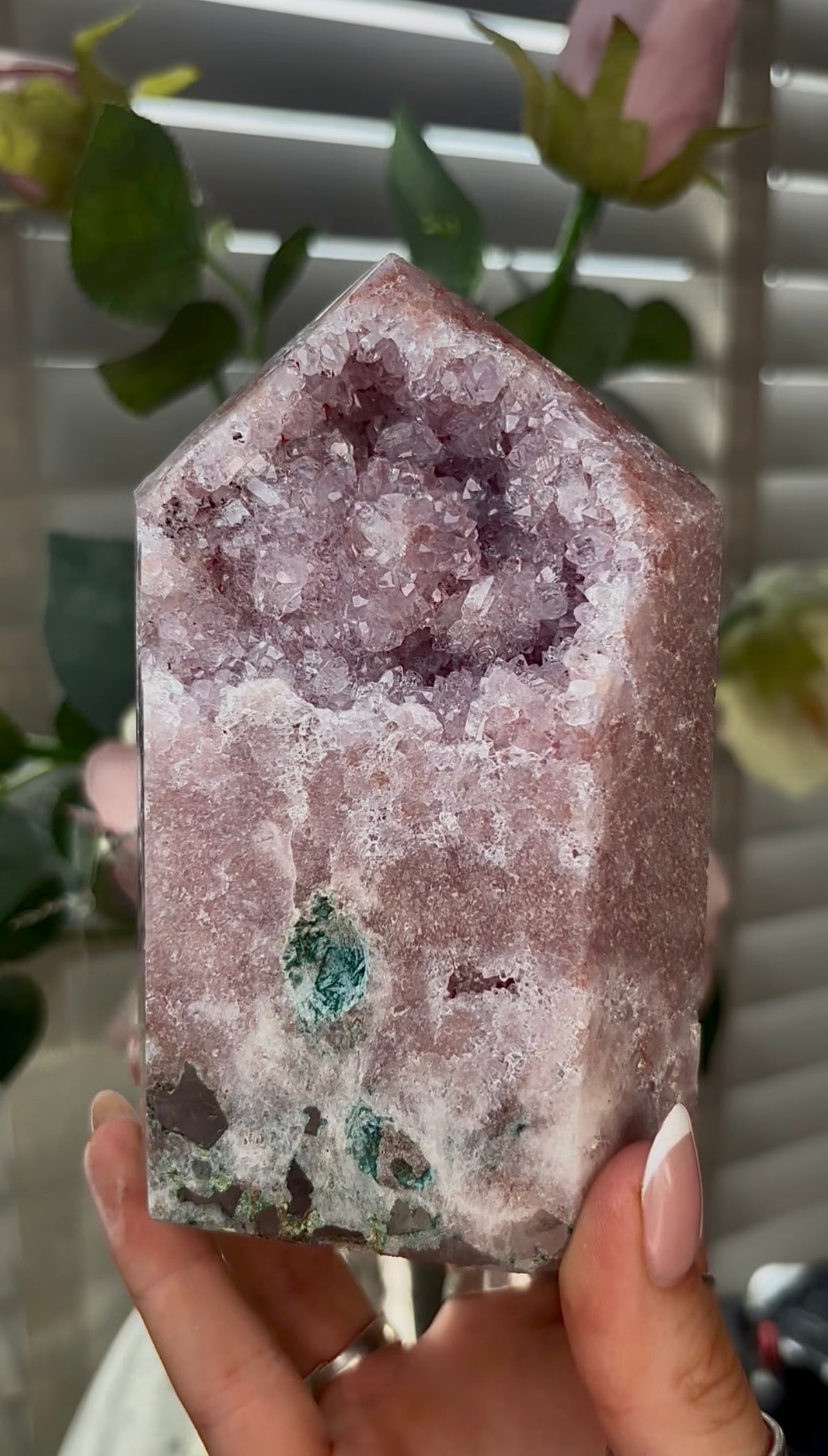 Beautiful, hq, druzy, chunky Pink amethyst tower 12.7cm(h) by 8.2cm(w)