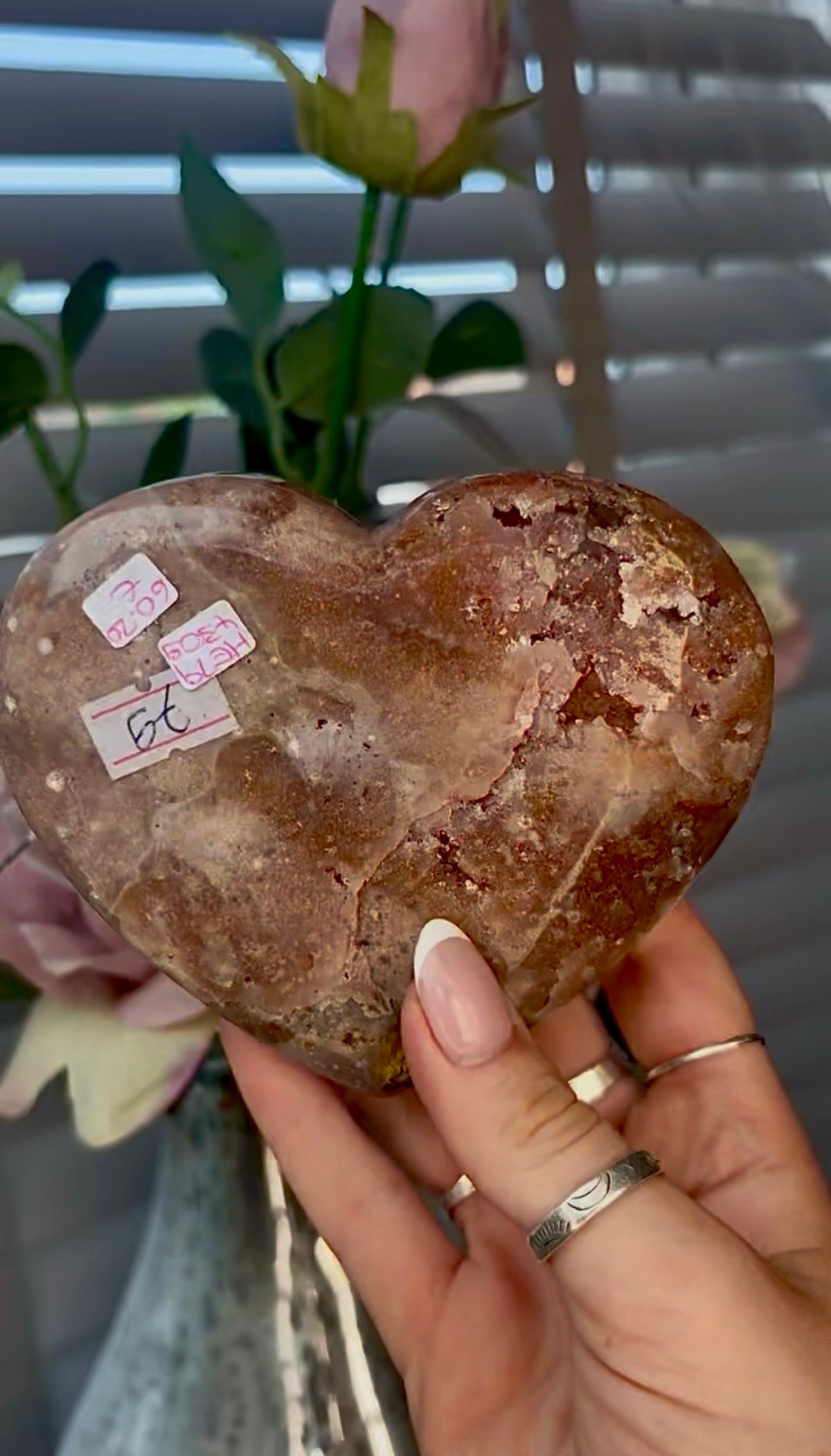 Gorgeous, pink amethyst heart- comes with stand