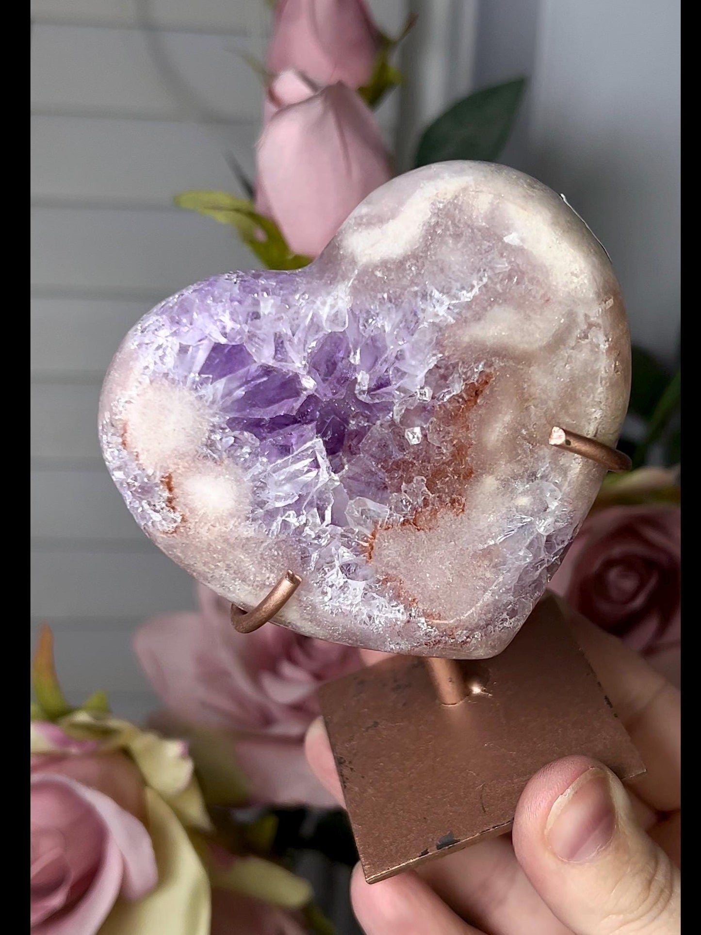 High grade, pink amethyst heart with purple quartz on stand (can be displayed with either side showing) 209g
