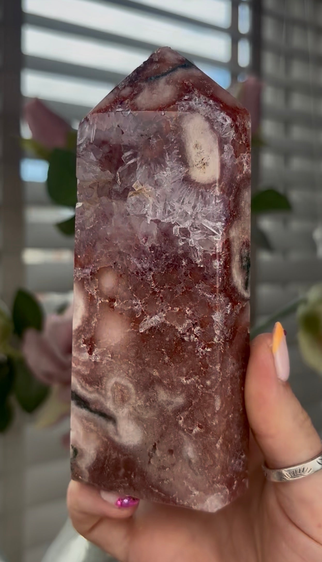 Beautiful, high quality, Pink amethyst tower with Green jasper