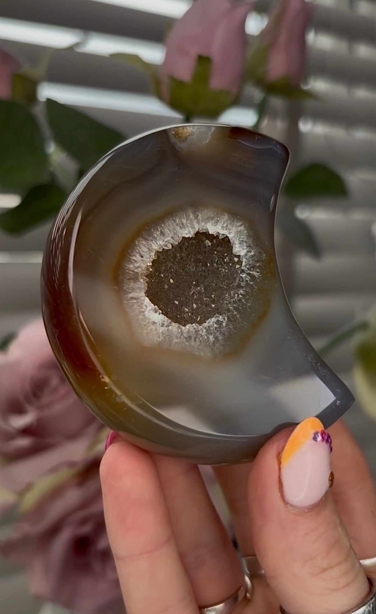 Beautiful, high grade, agate moon with druzy - comes with stand